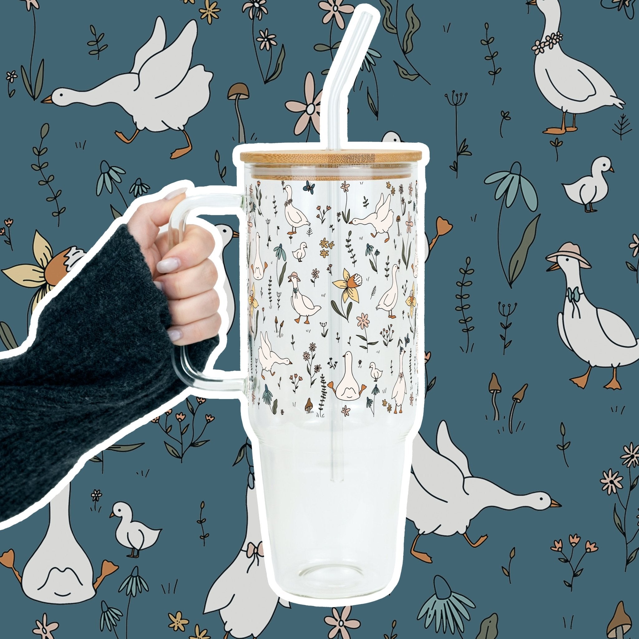 Floral Geese 40oz Tumbler With Handle Lid and Straw - Sip Sip Hooray