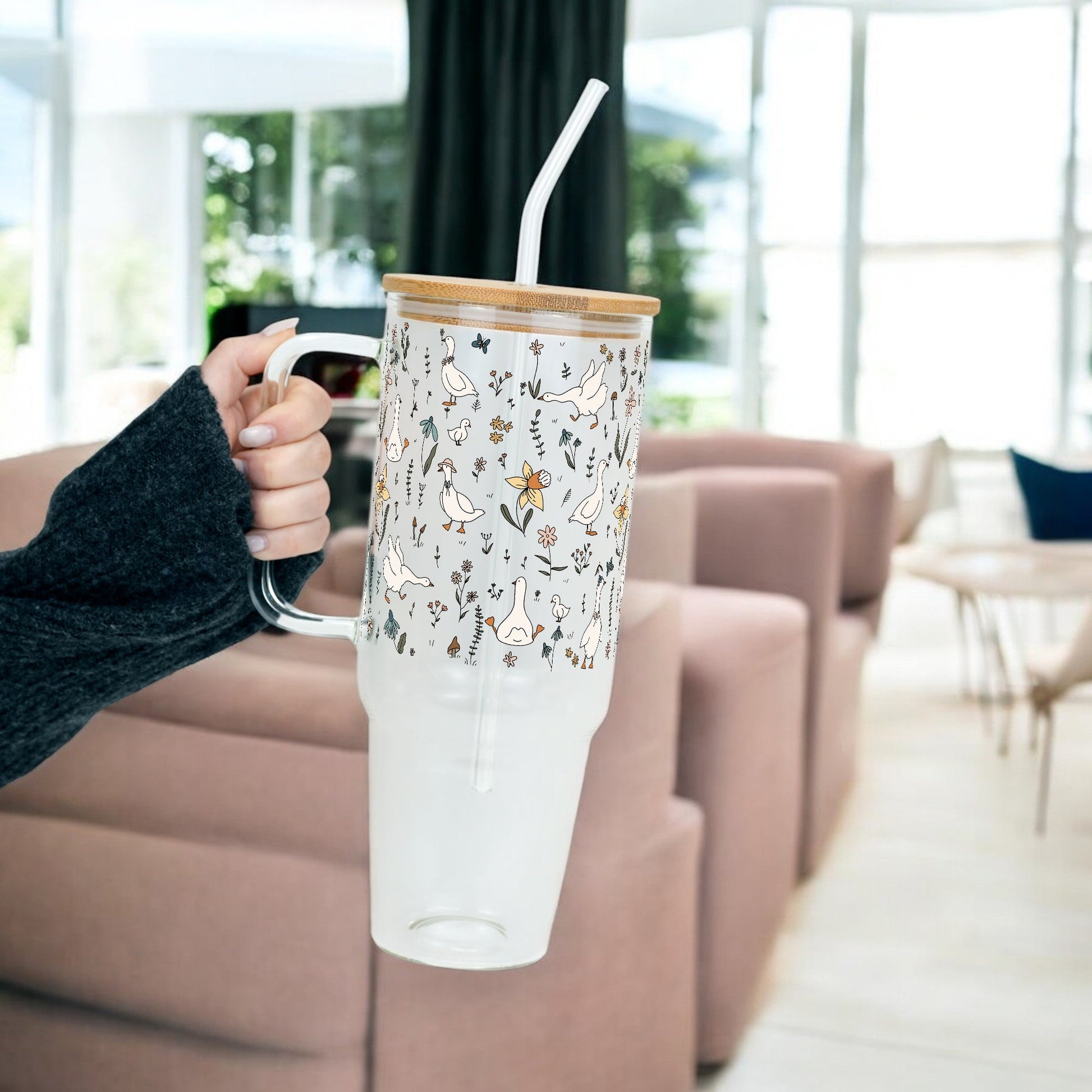 Floral Geese 40oz Tumbler With Handle Lid and Straw - Sip Sip Hooray