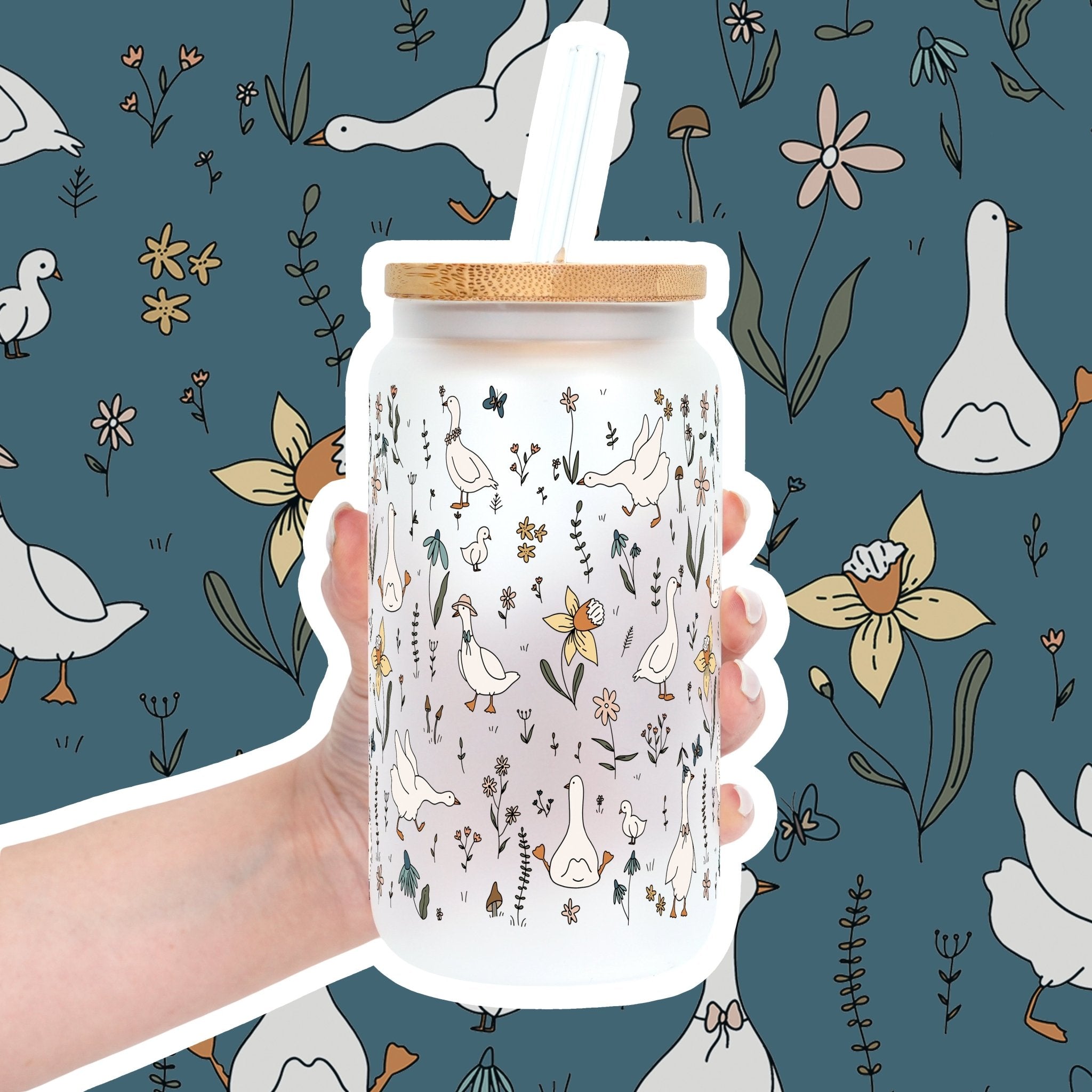 Floral Geese Cup With Lid and Straw - Sip Sip Hooray