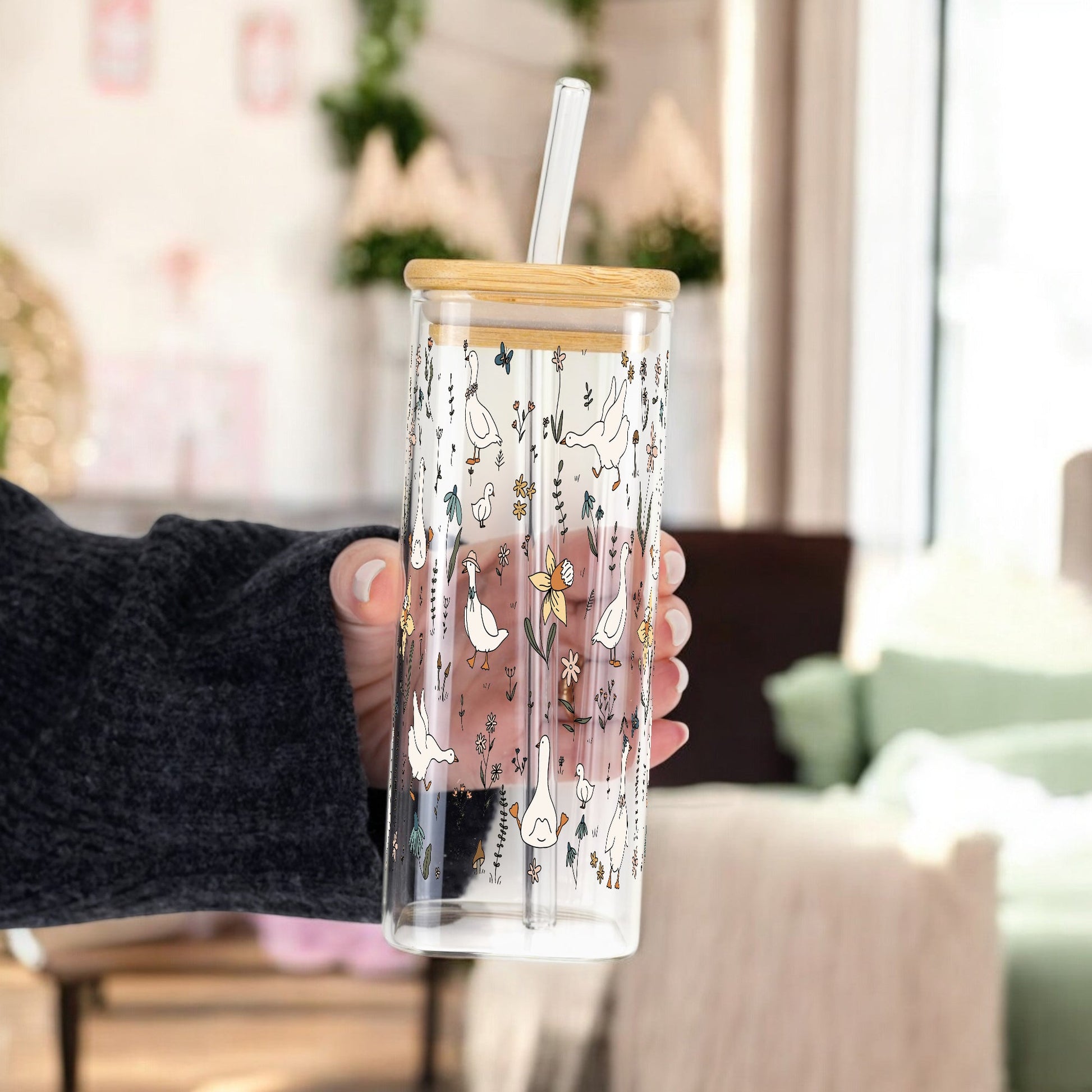 Floral Geese Cup With Lid and Straw - Sip Sip Hooray