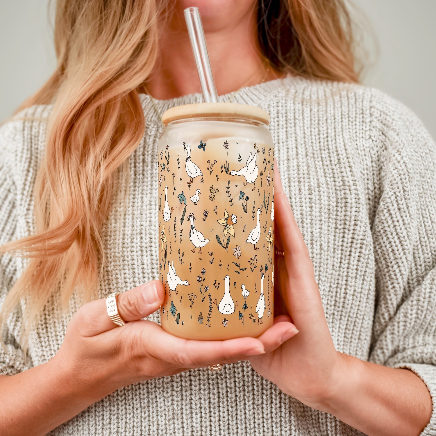 Floral Geese Cup With Lid and Straw - Sip Sip Hooray
