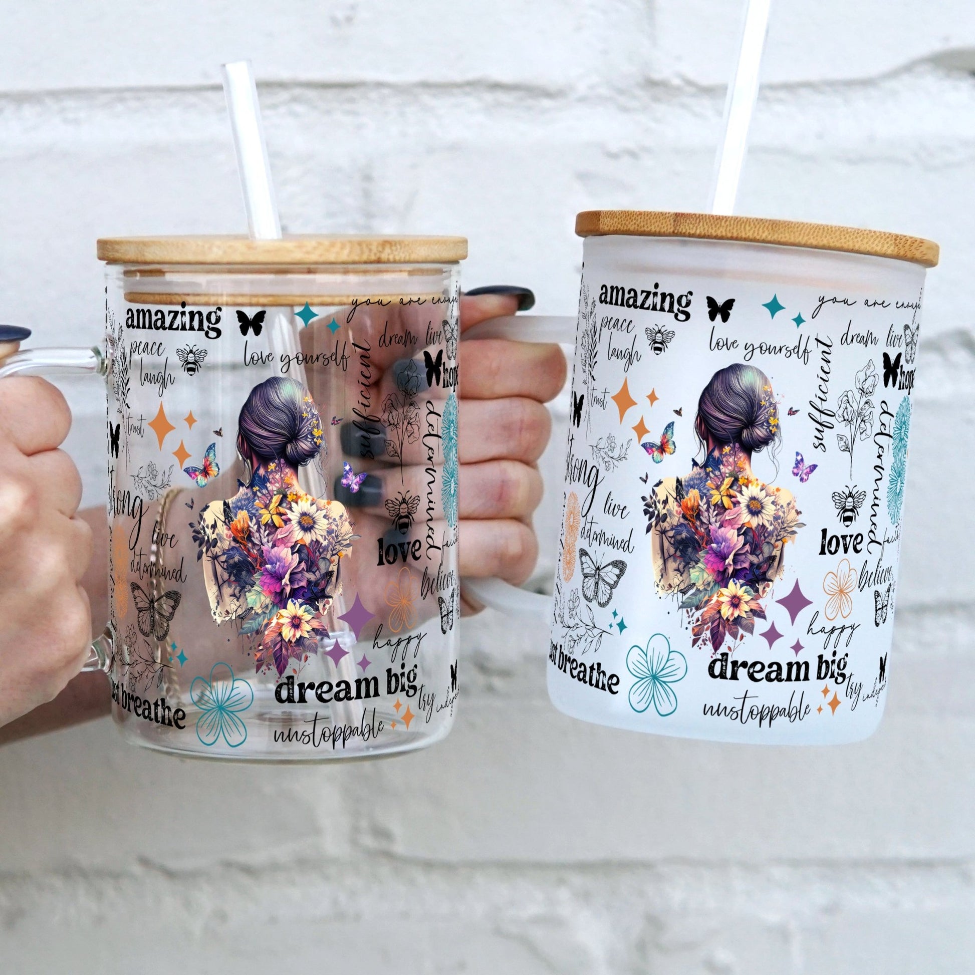 Flower Affirmations 17oz Glass Mug With Lid and Straw - Sip Sip Hooray