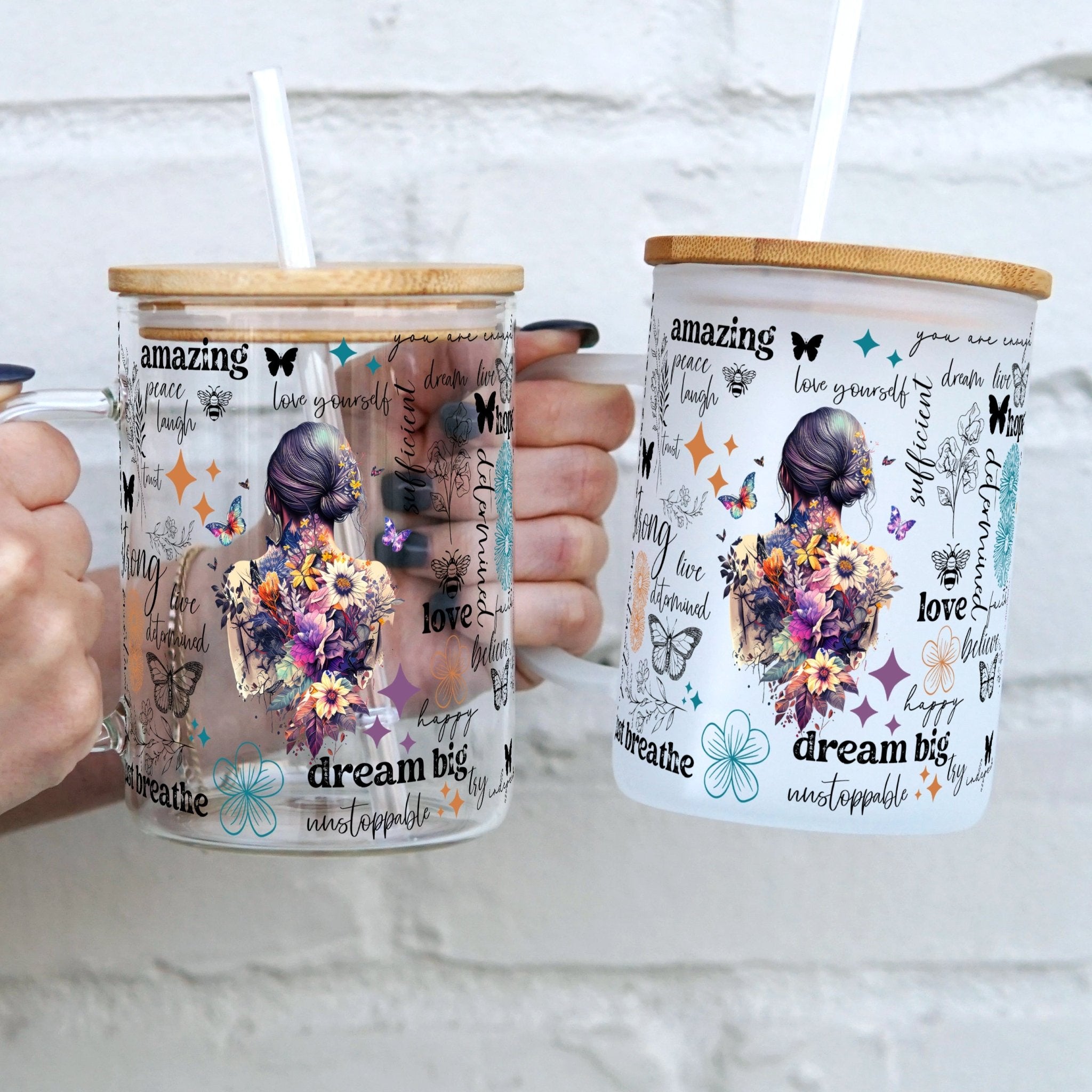 Flower Affirmations 17oz Glass Mug With Lid and Straw - Sip Sip Hooray