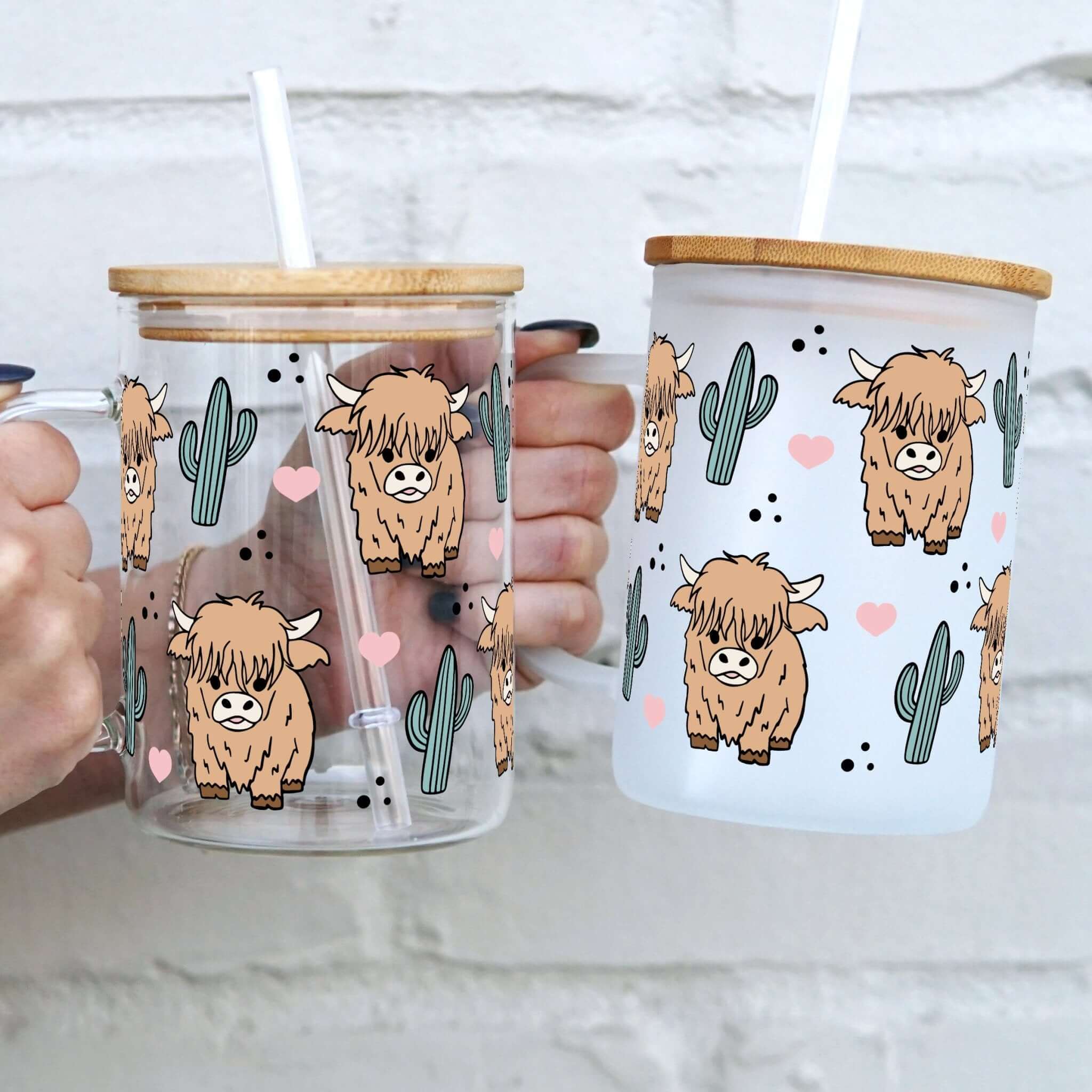 Fluffy Highland Cows 17oz Glass Mug With Lid and Straw