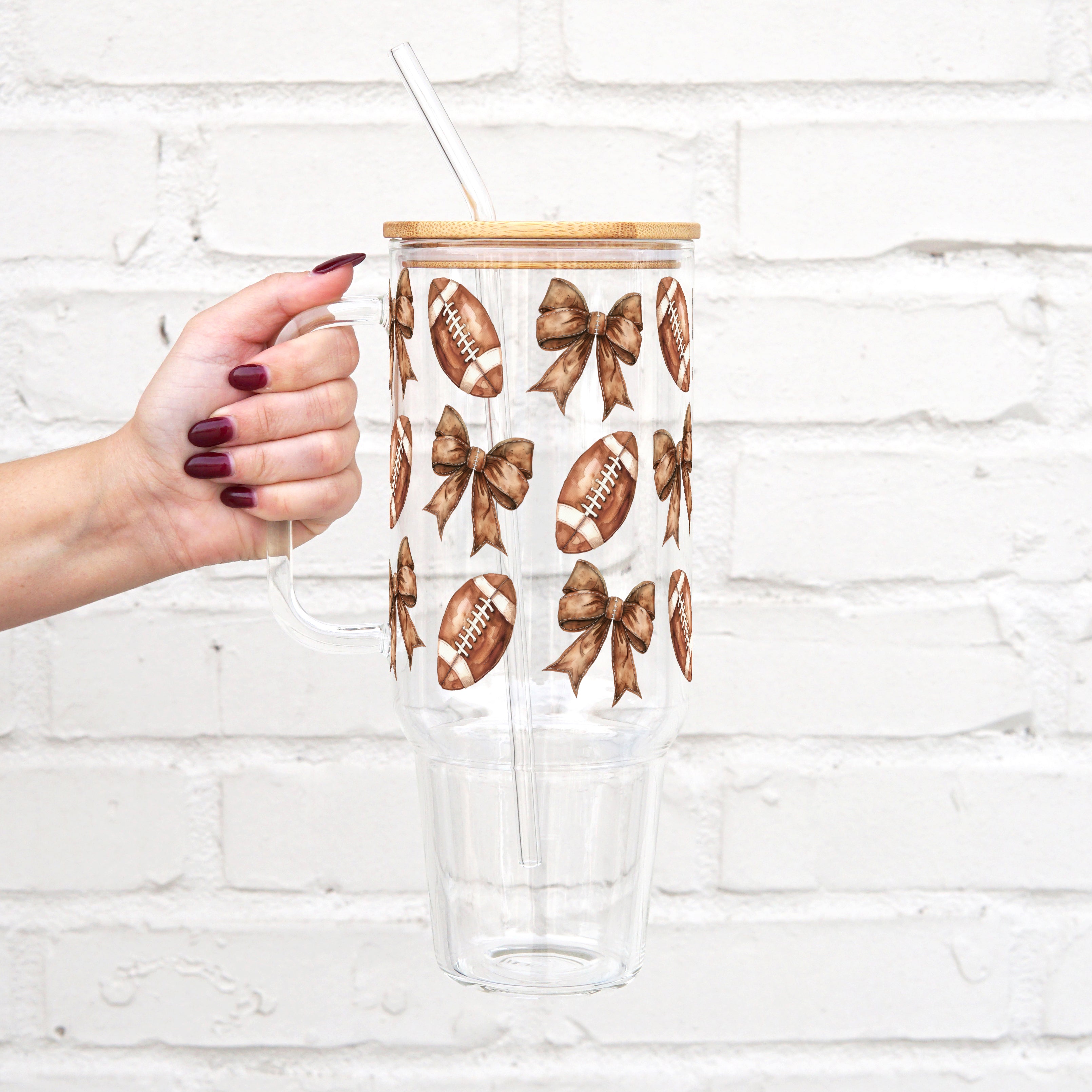 Footballs + Bows 40oz Glass or Plastic Tumbler With Lid and Straw - Sip Sip Hooray