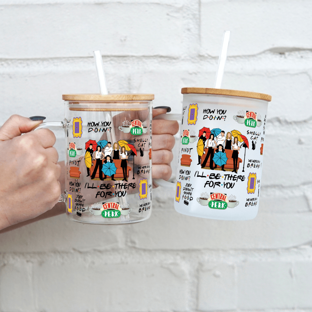 Friends Theme 17oz Glass Mug with Lid and Straw - Sip Sip Hooray