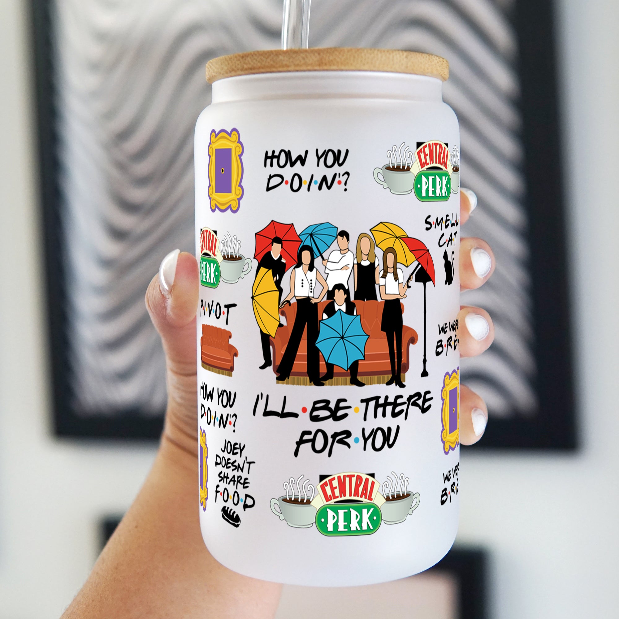 Friends Themed Glass Can Cup with Lid and Straw