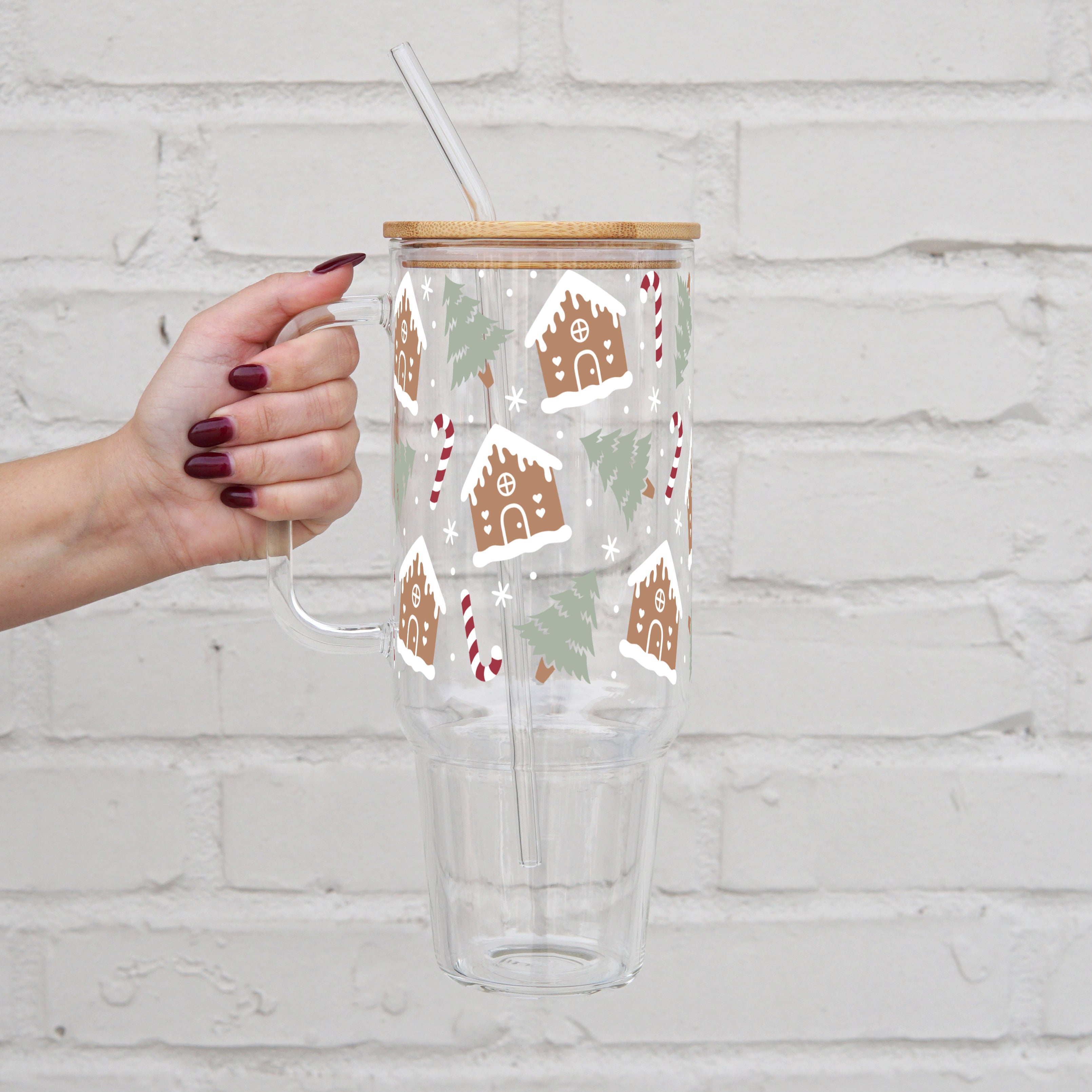 Frosted Gingerbread House 40oz Glass or Plastic Tumbler With Lid and Straw - Sip Sip Hooray