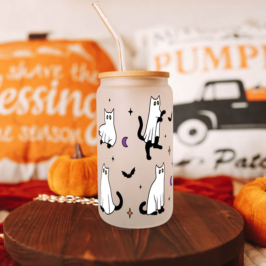 Ghost Cats Halloween 16oz Glass Can with Lid and Straw