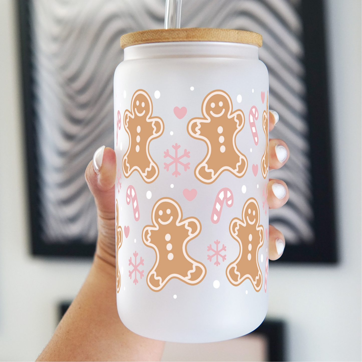 16oz Pink Gingerbread, Peppermint, and Snowflake Christmas Glass Can Cup with Pink Lid and Pink Straw