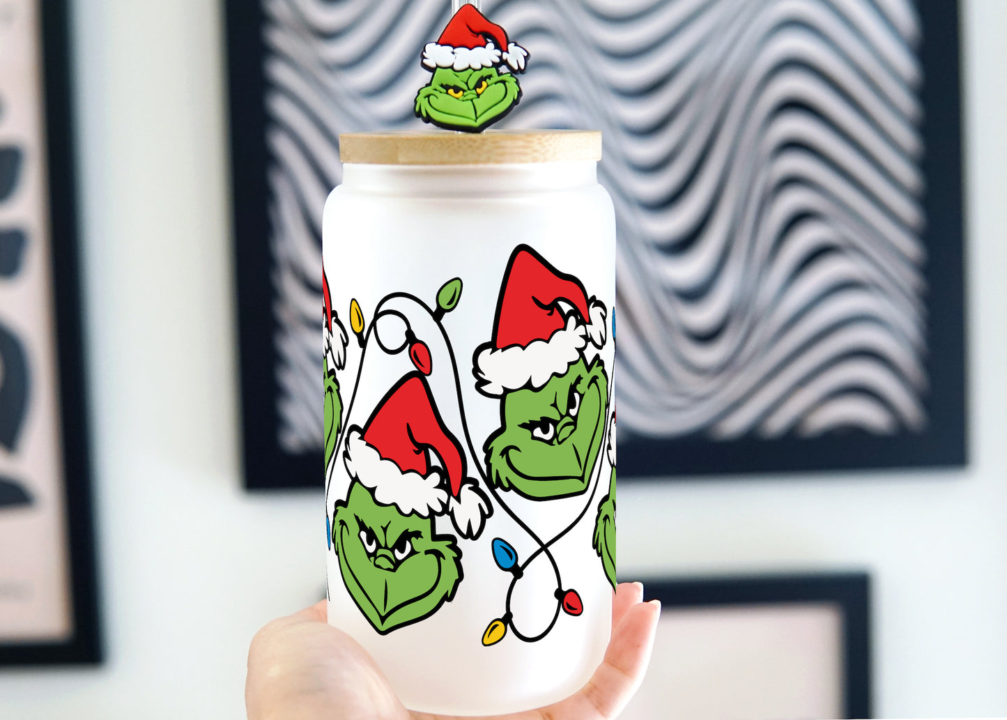16oz Grinch Inspired Christmas Lights Glass Can Cup with Lid and Straw