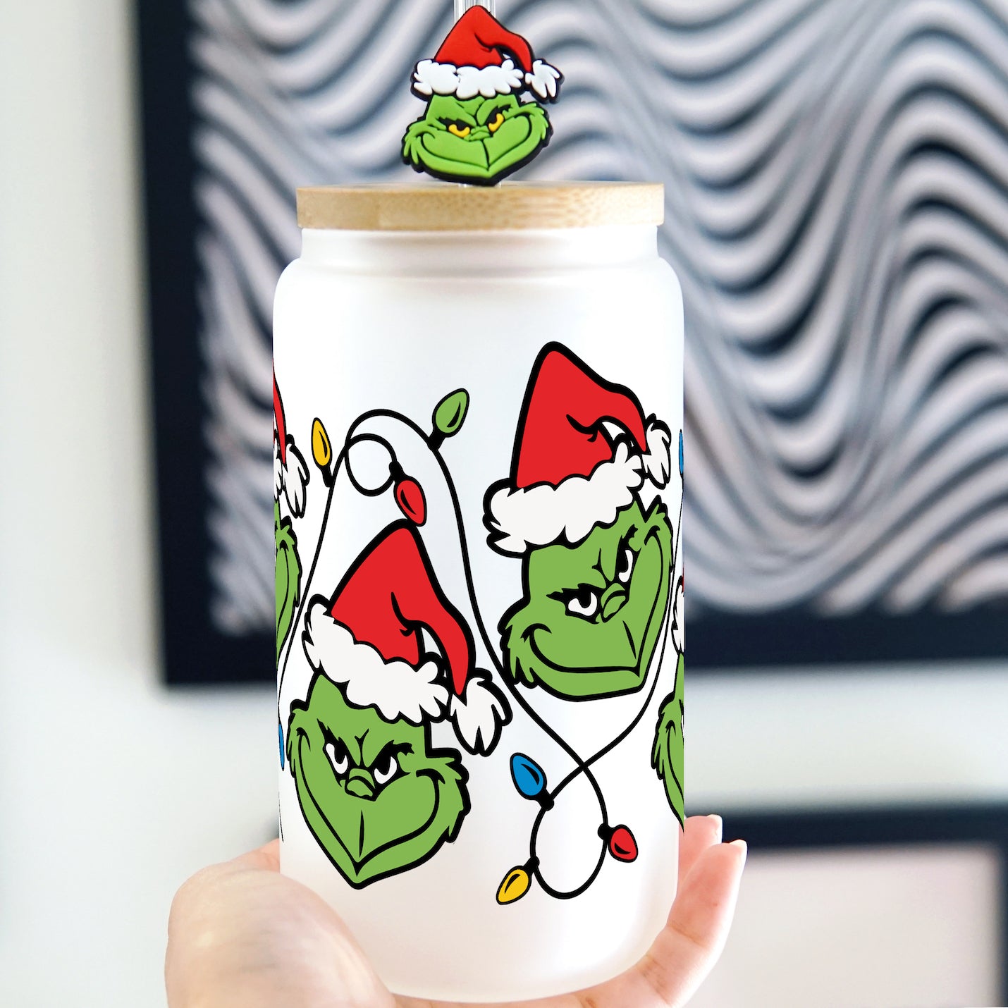 Grinch Inspired Christmas Lights Glass Can Cup with Lid and Straw