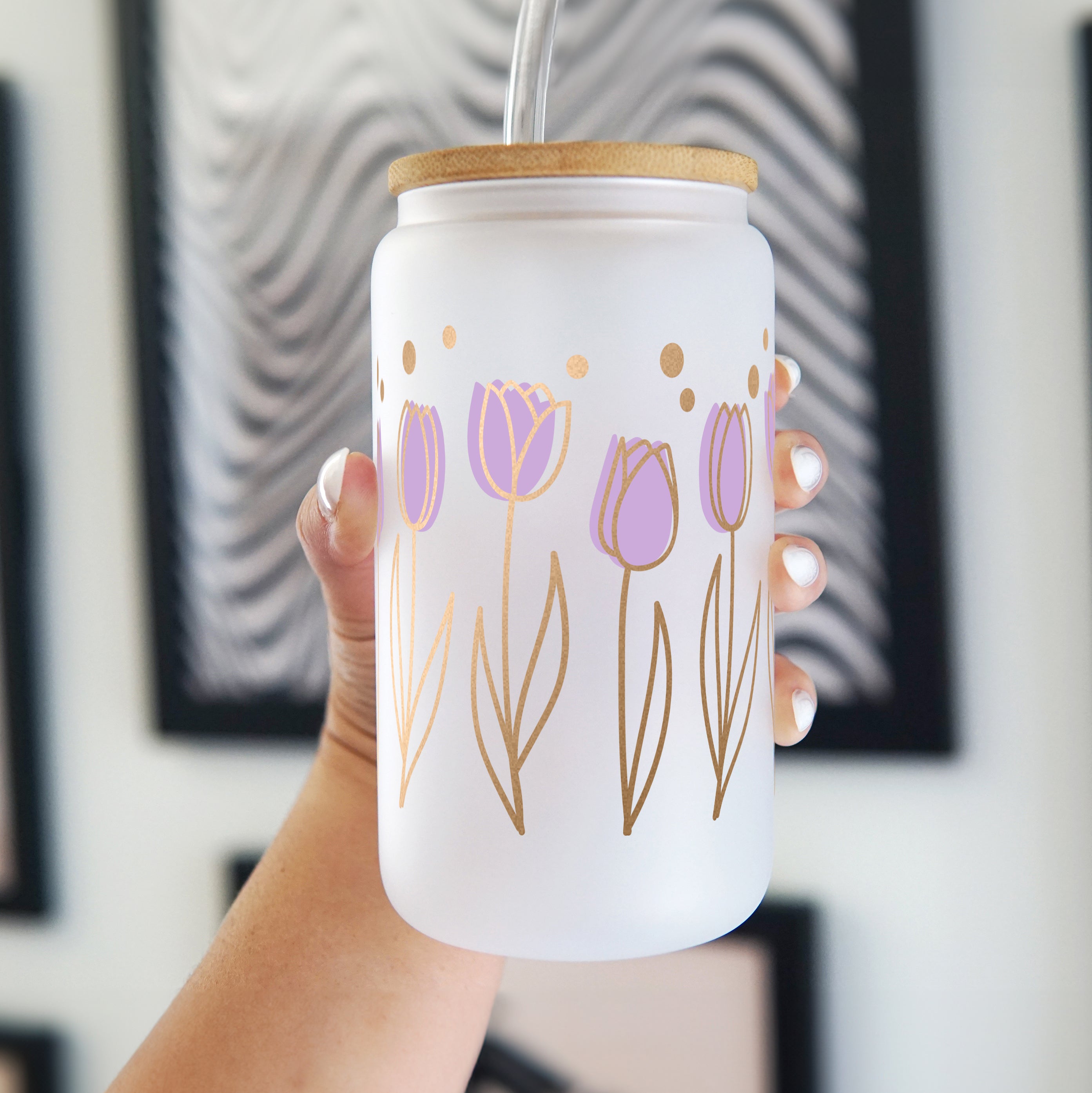 Purple Tulip Glass Can Cup With Lid and Straw