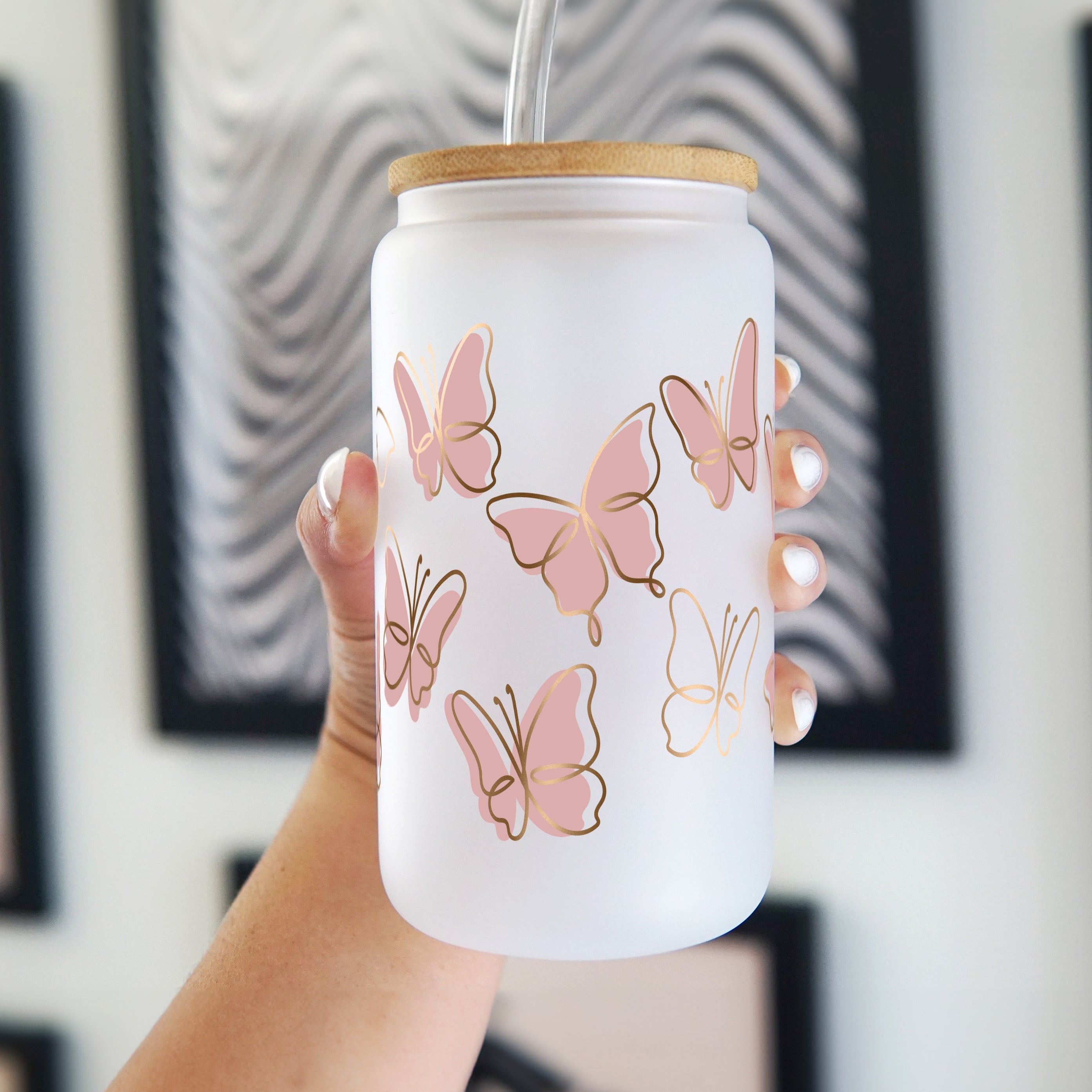 Pink Butterflies Glass Can Cup With Lid and Straw