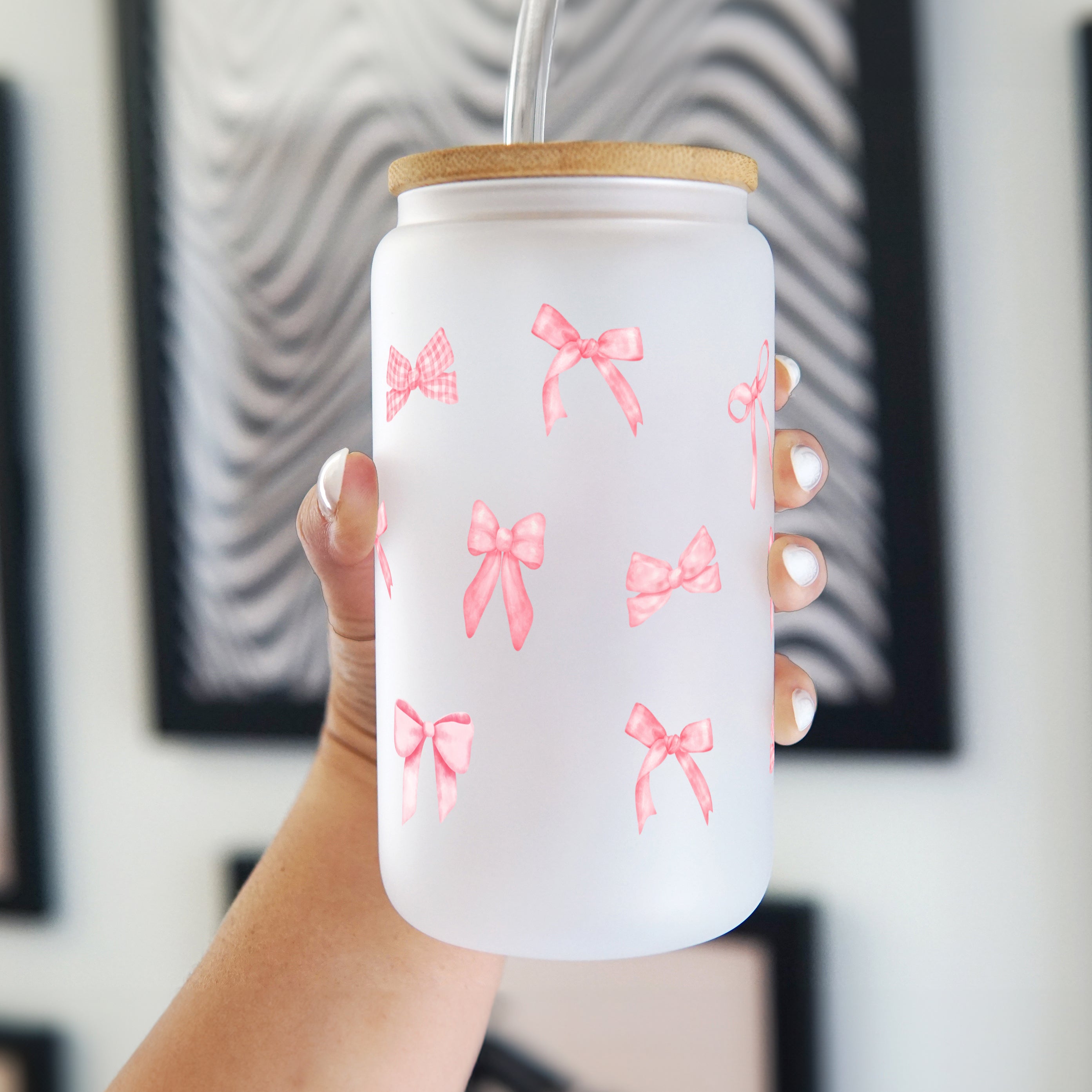 Pink Coquette Bows Glass Can Cup With Lid and Straw