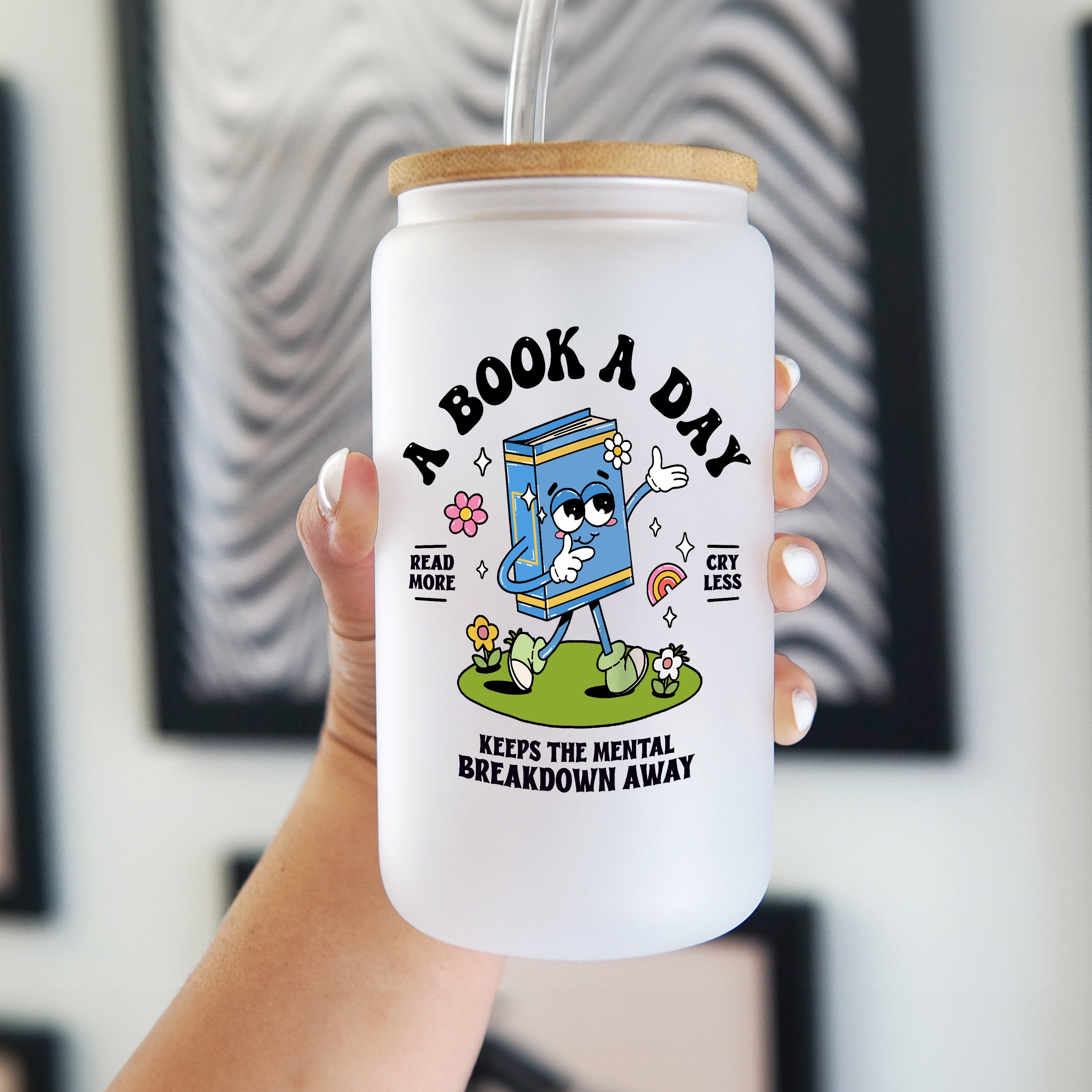 A Book A Day Glass Can Cup With Lid and Straw