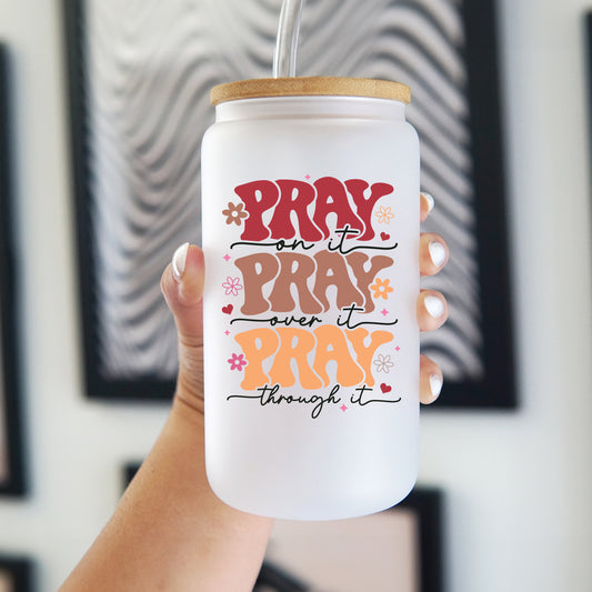 Pray On It 16oz Glass Can Cup With Lid and Straw