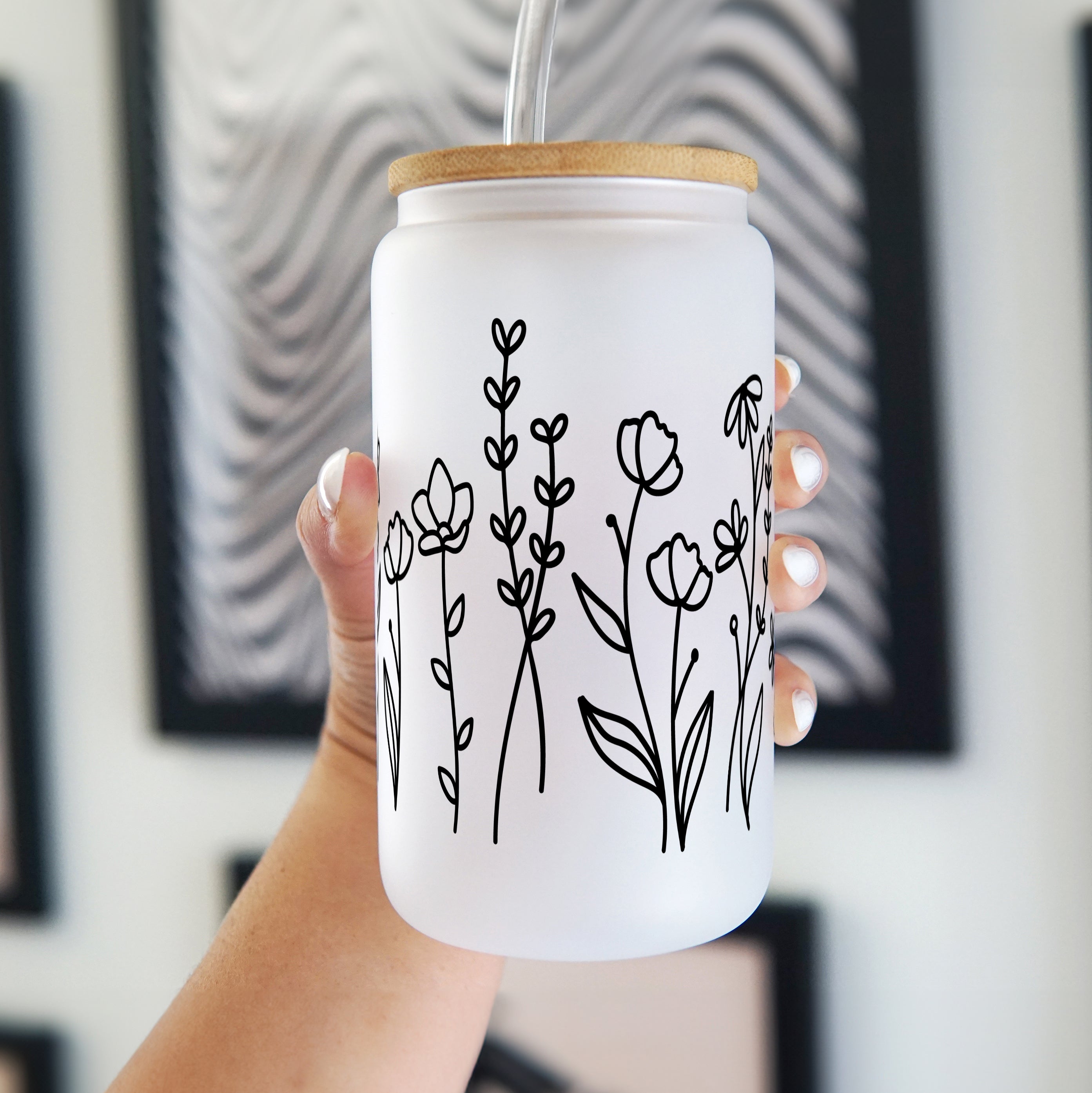 Black Wildflower Glass Can Cup With Lid and Straw