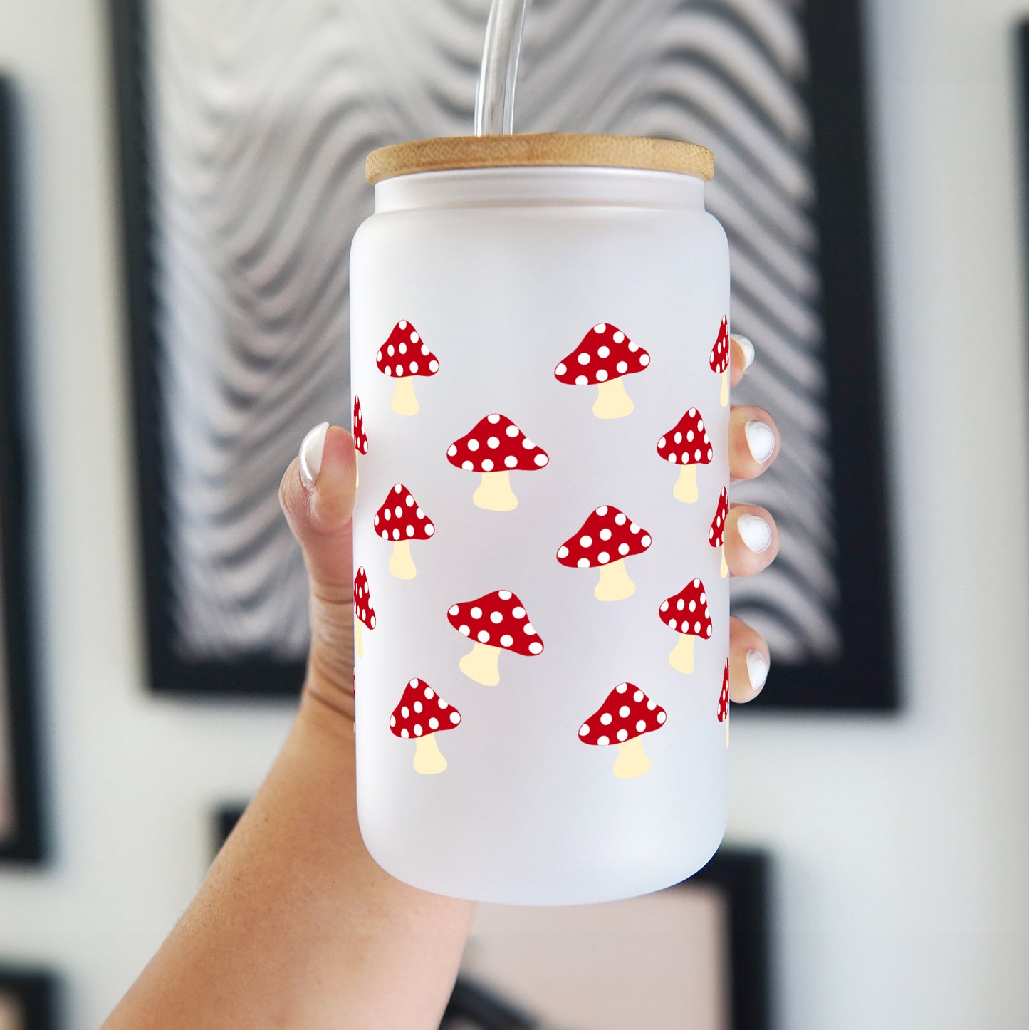 Mushroom 16oz Glass Can Cup With Lid and Straw