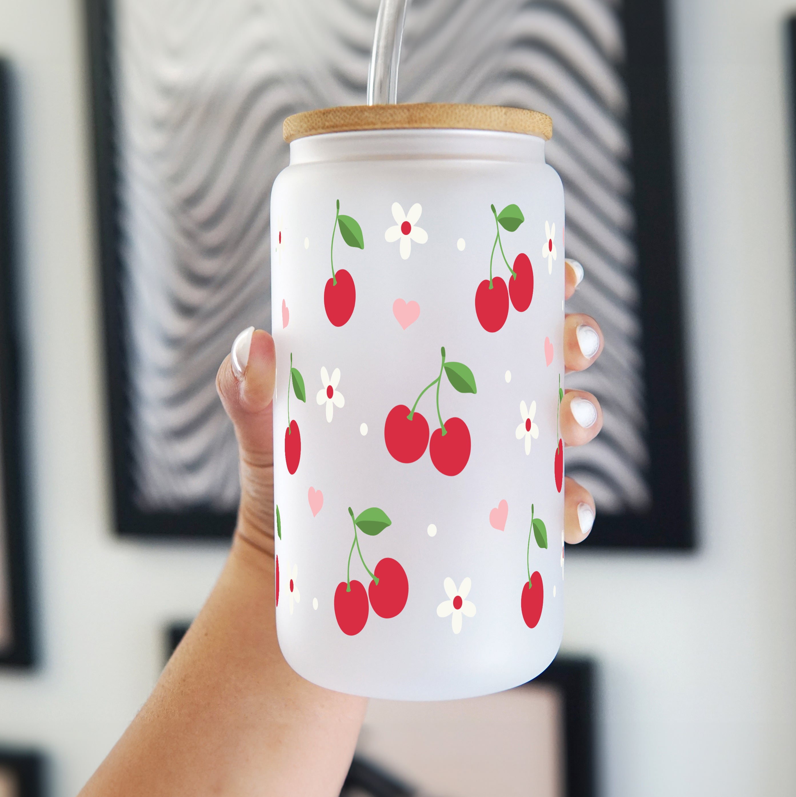 Cherry Glass Can Cup With Lid and Straw