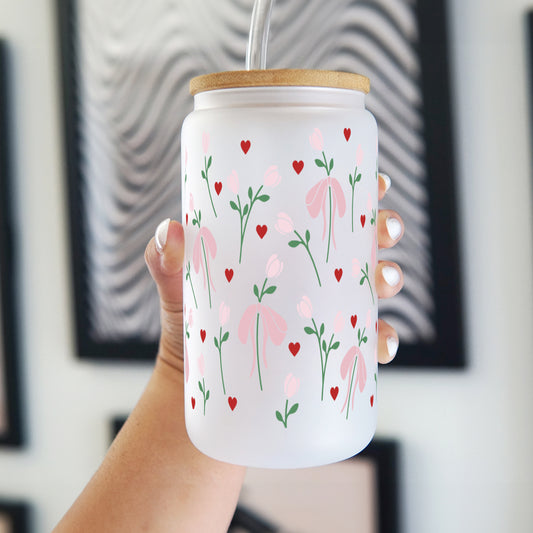 Bows and Flowers 16oz Glass Can Cup With Lid and Straw