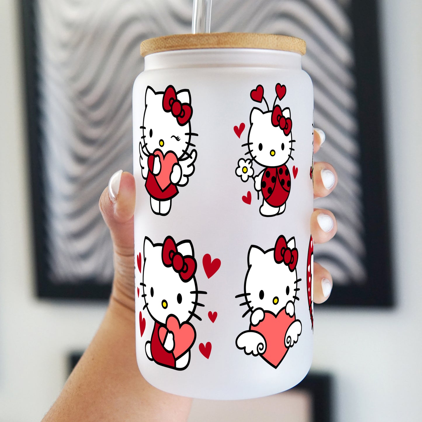Valentine's Day Kitty 16oz Glass Can Cup with Lid and Straw