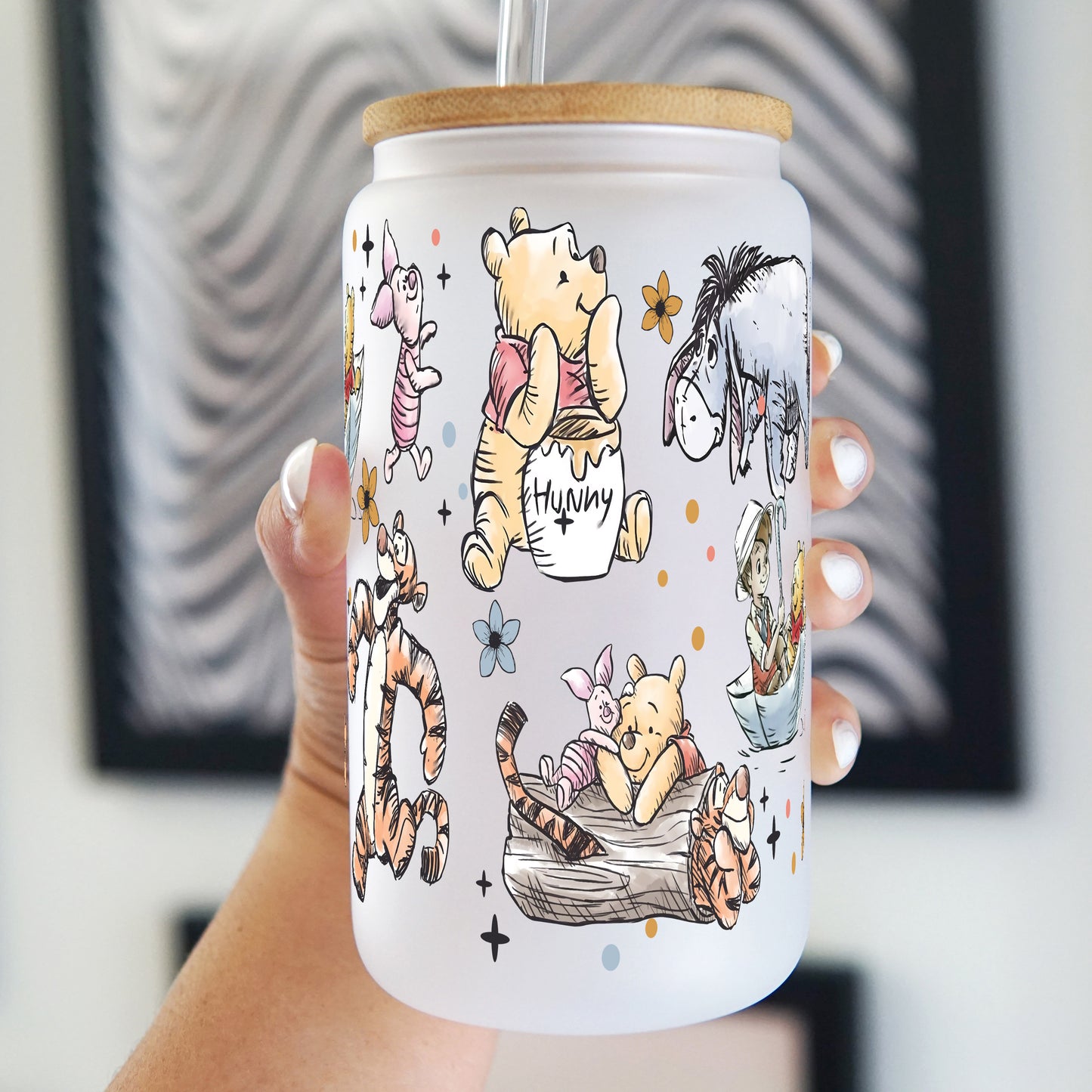 Winnie The Pooh 16oz Glass Can With Lid and Straw