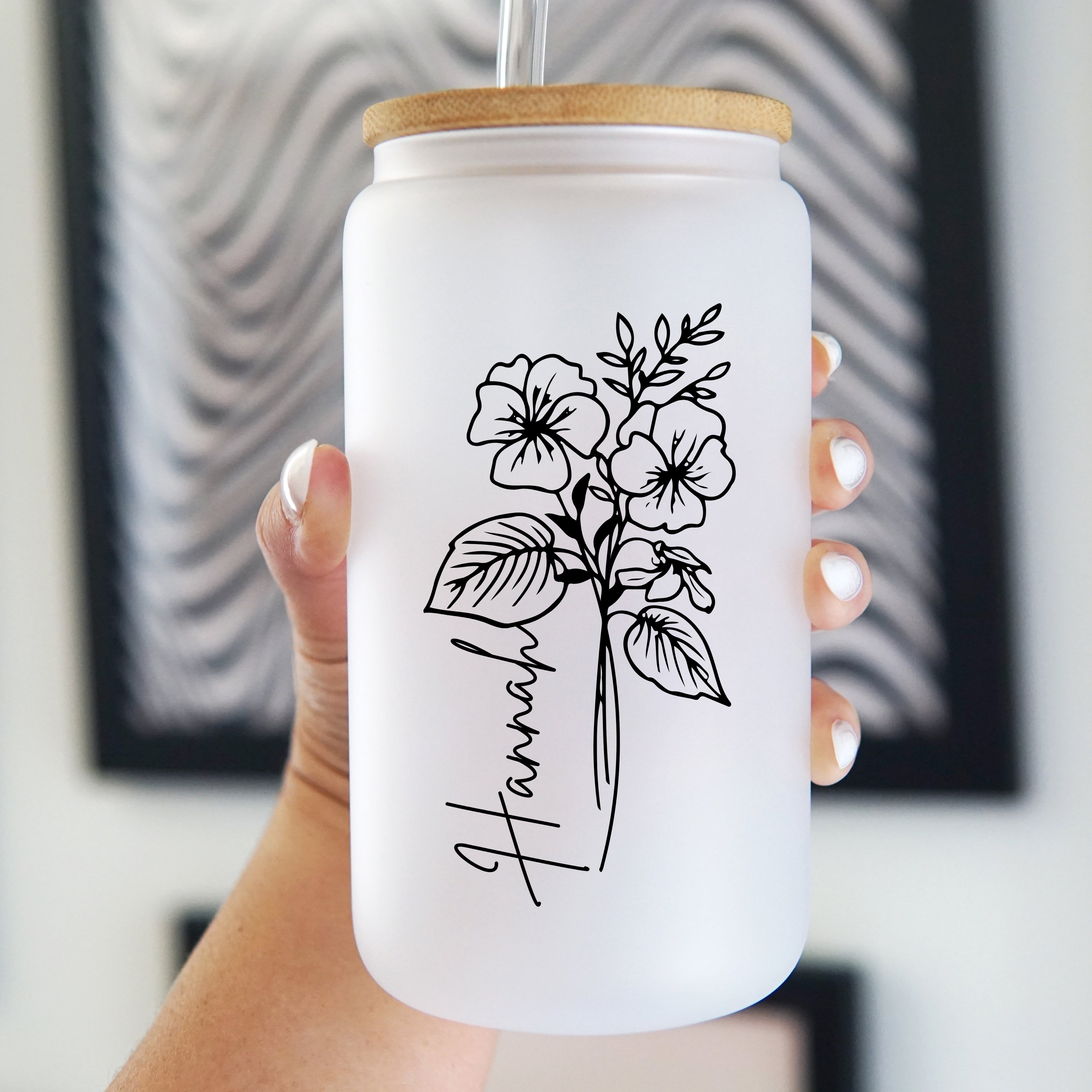 Modern Birth Flower Can Cup with Lid and Straw