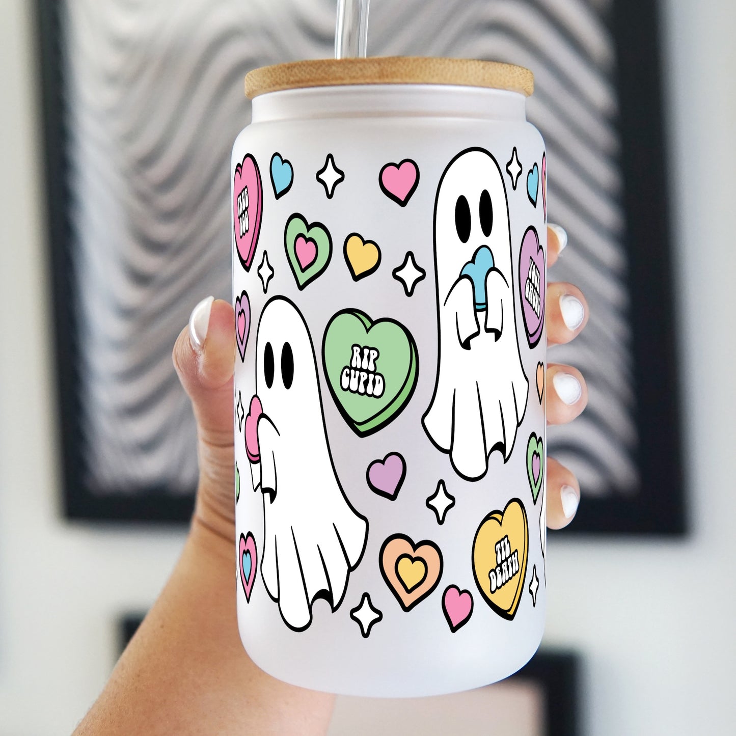 Valentine's Day Candy Hearts and Ghosts 16oz Glass Can Cup with Lid and Straw