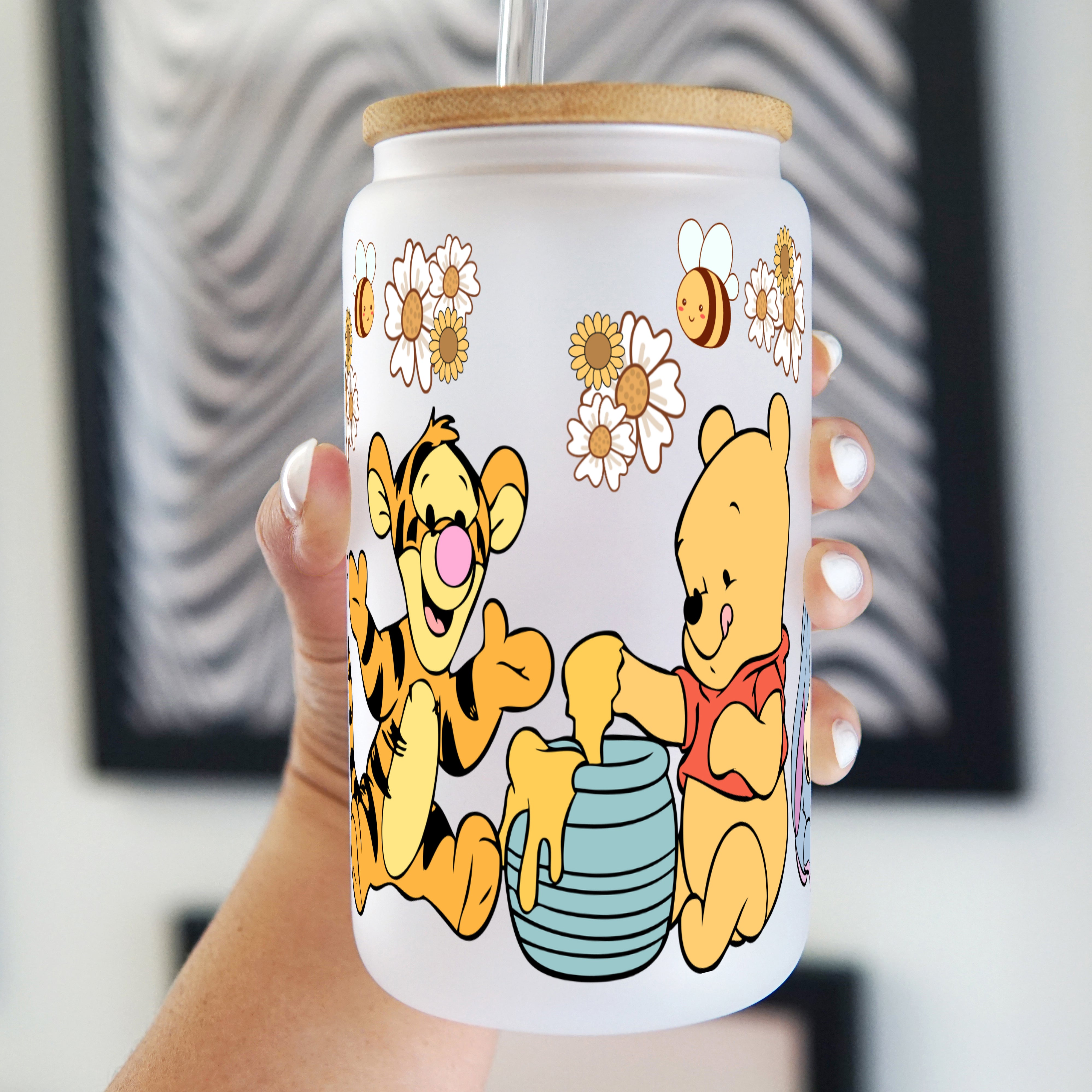 Pooh Kids Glass Cup With Lid and Straw