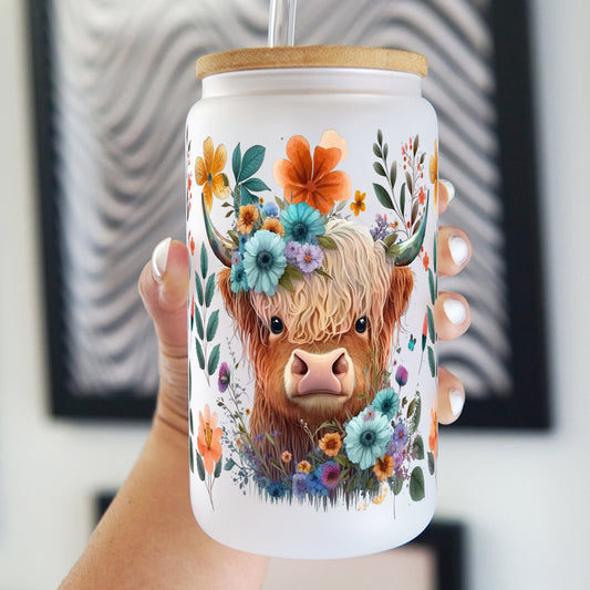 Highland Cow 16oz Glass Can Cup With Lid And Straw