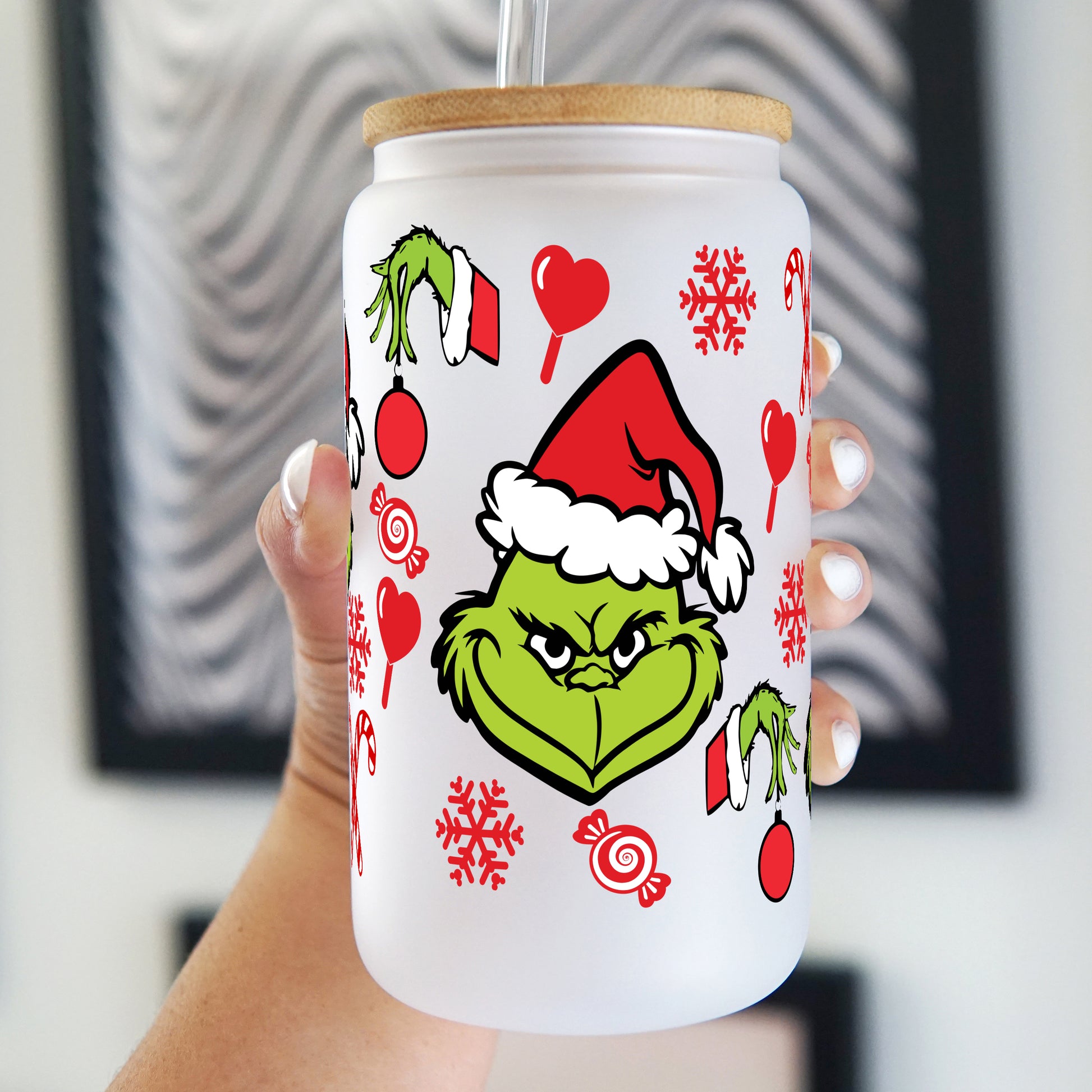 16oz Candy Grinch Glass Can Cup with Lid and Straw
