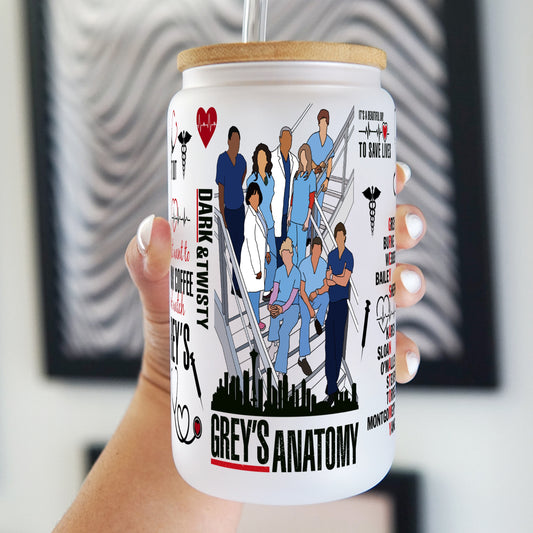 16oz Greys Anatomy Themed Glass Can Cup With Lid and Straw