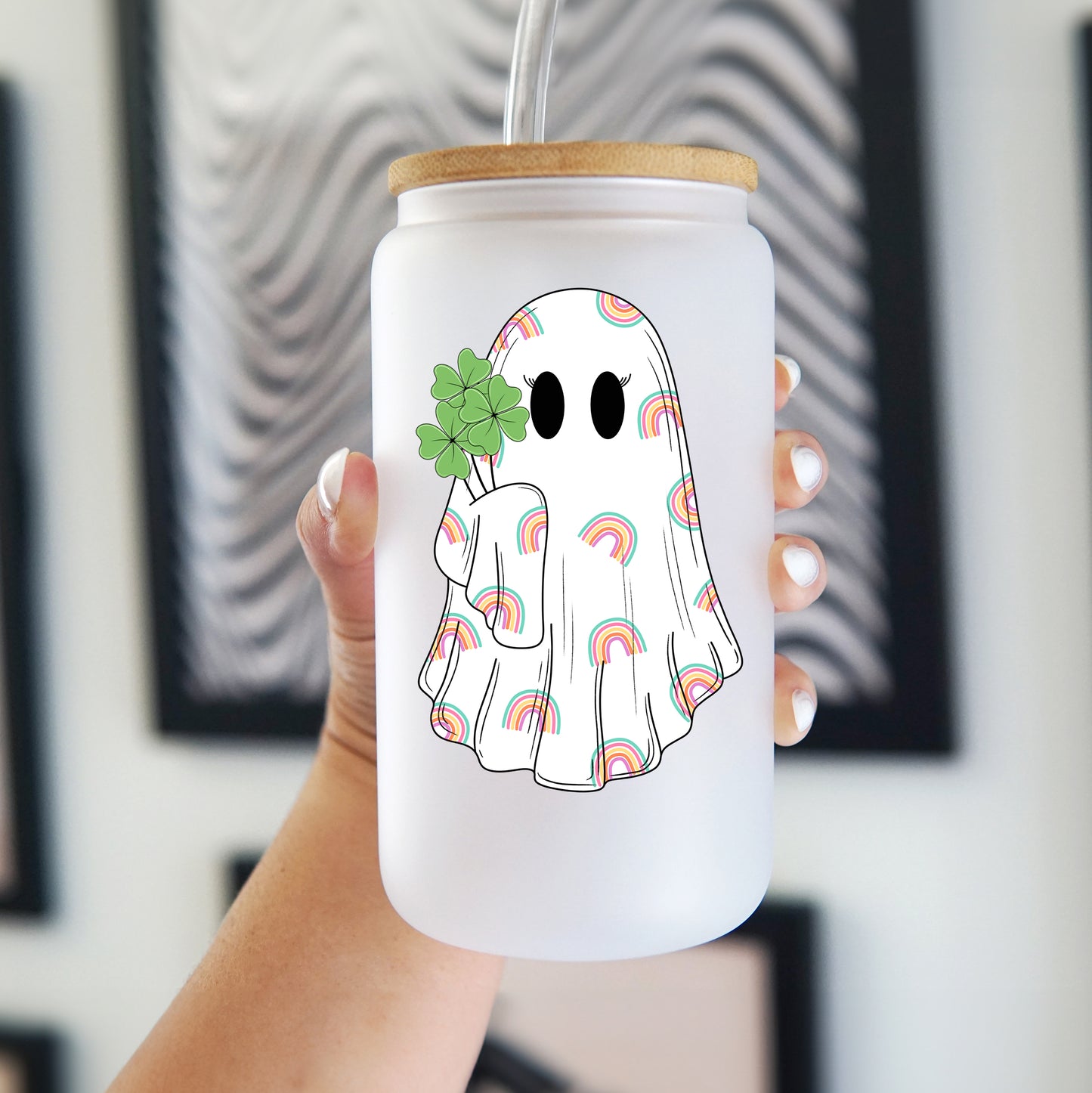 St Patricks Day Shamrock Ghostie 16oz Glass Can Cup with Lid and Straw