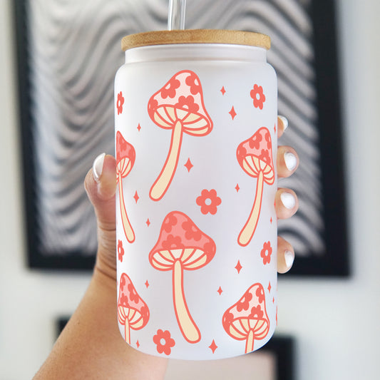Retro Floral Boho Mushroom 16oz Glass Can Cup with Lid and Straw