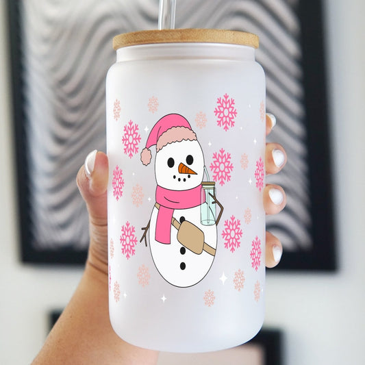 Boujee Snowman with Pink Snowflakes 16oz Glass Can Cup with Lid and Straw