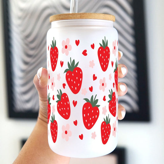 Strawberries, Flowers, and Daisies 16oz Glass Can Cup