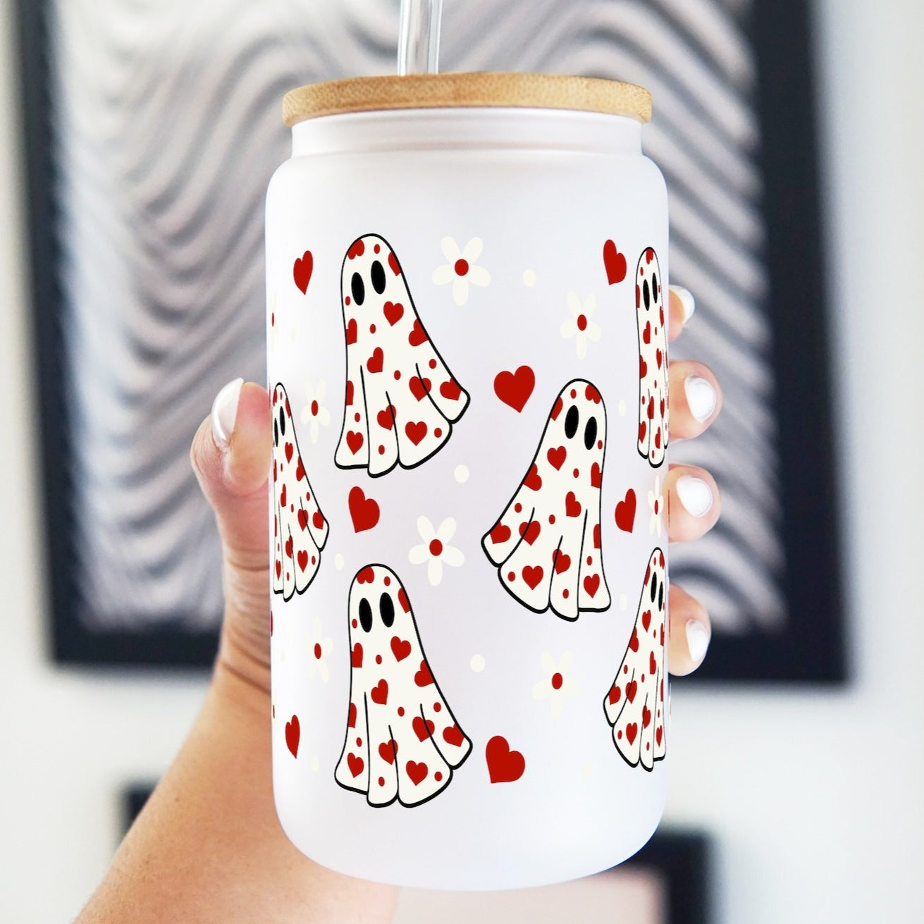 Valentine's Spooky Heart Ghost Glass Can Cup with Lid and Straw