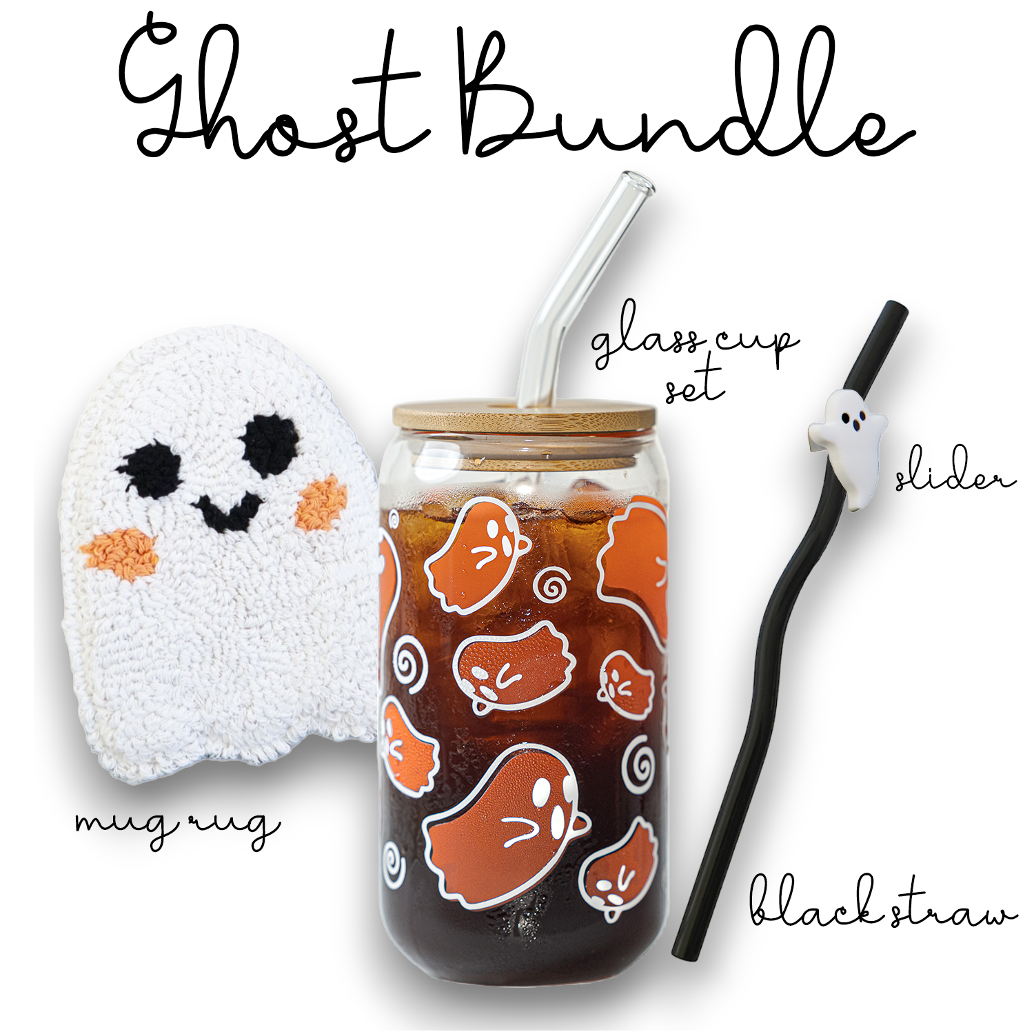 Lets Go Ghouls Ghost Halloween Glass Iced Coffee Cup With Bamboo