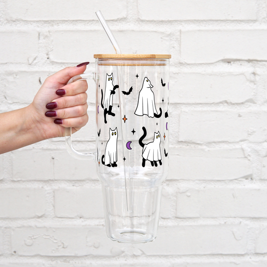 Halloween Black Ghost Cats 40oz Tumbler with Lid and Straw