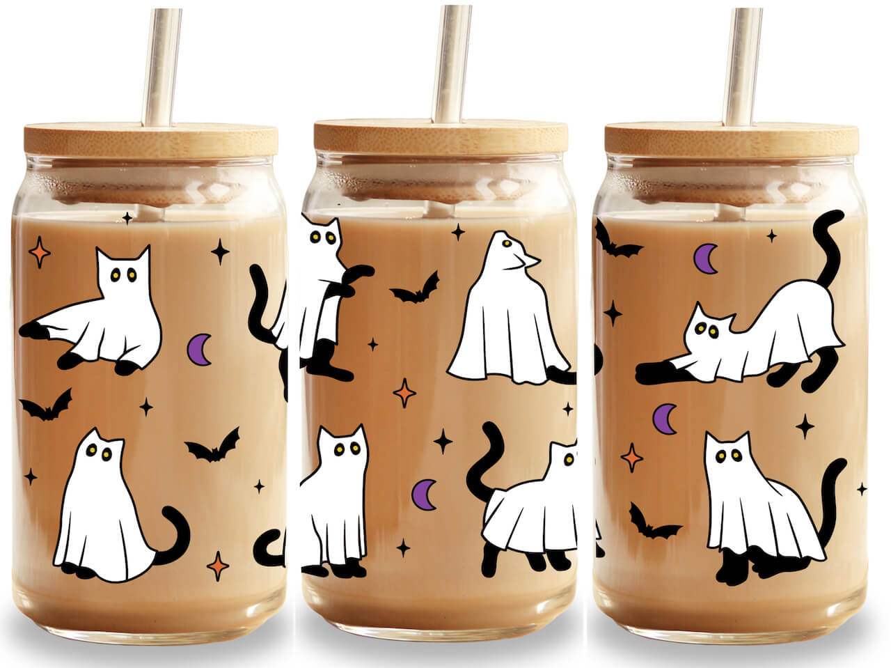 Lets Go Ghouls Ghost Halloween Glass Iced Coffee Cup With Bamboo