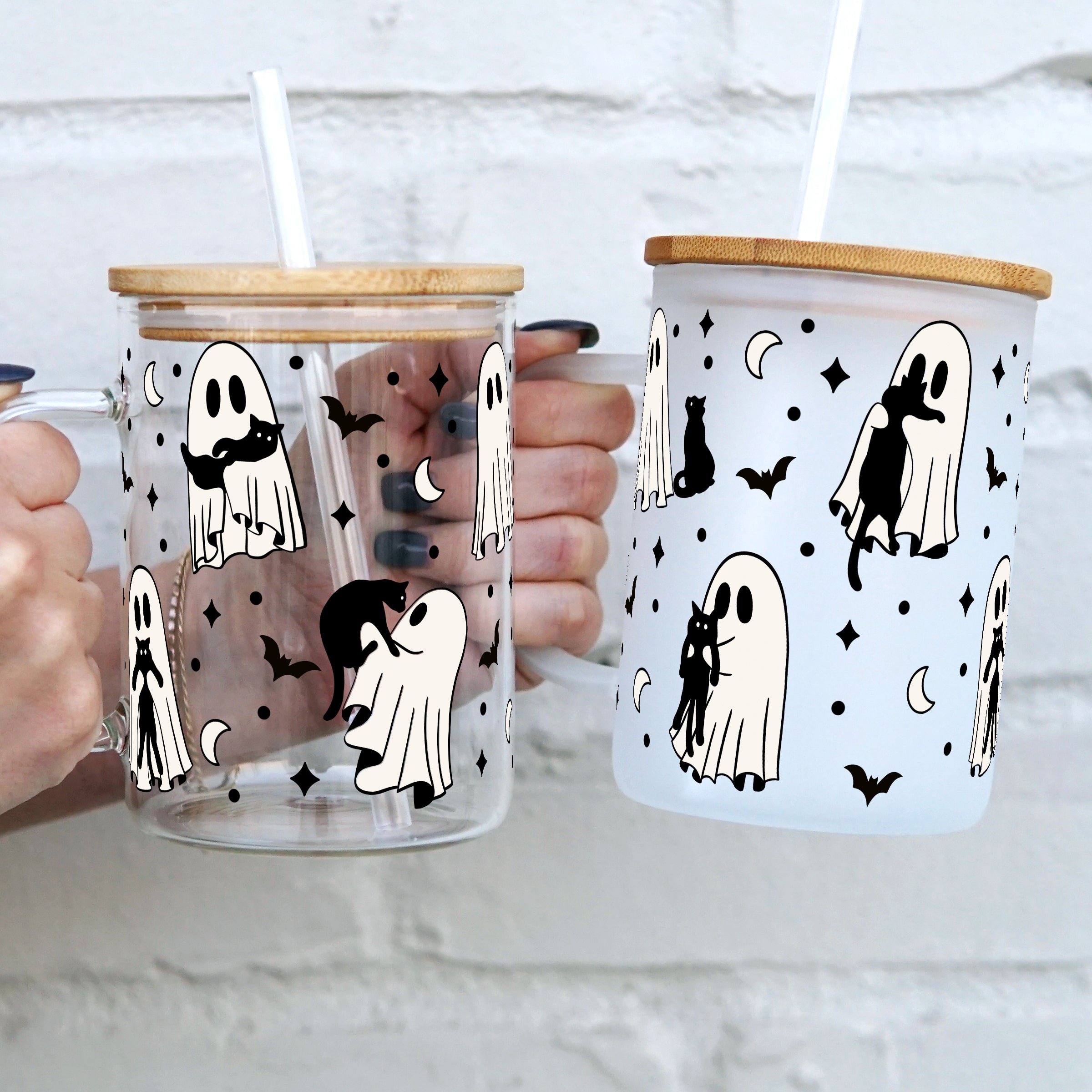 Ghosts Holding Cats 17oz Glass Mug With Lid and Straw - Sip Sip Hooray