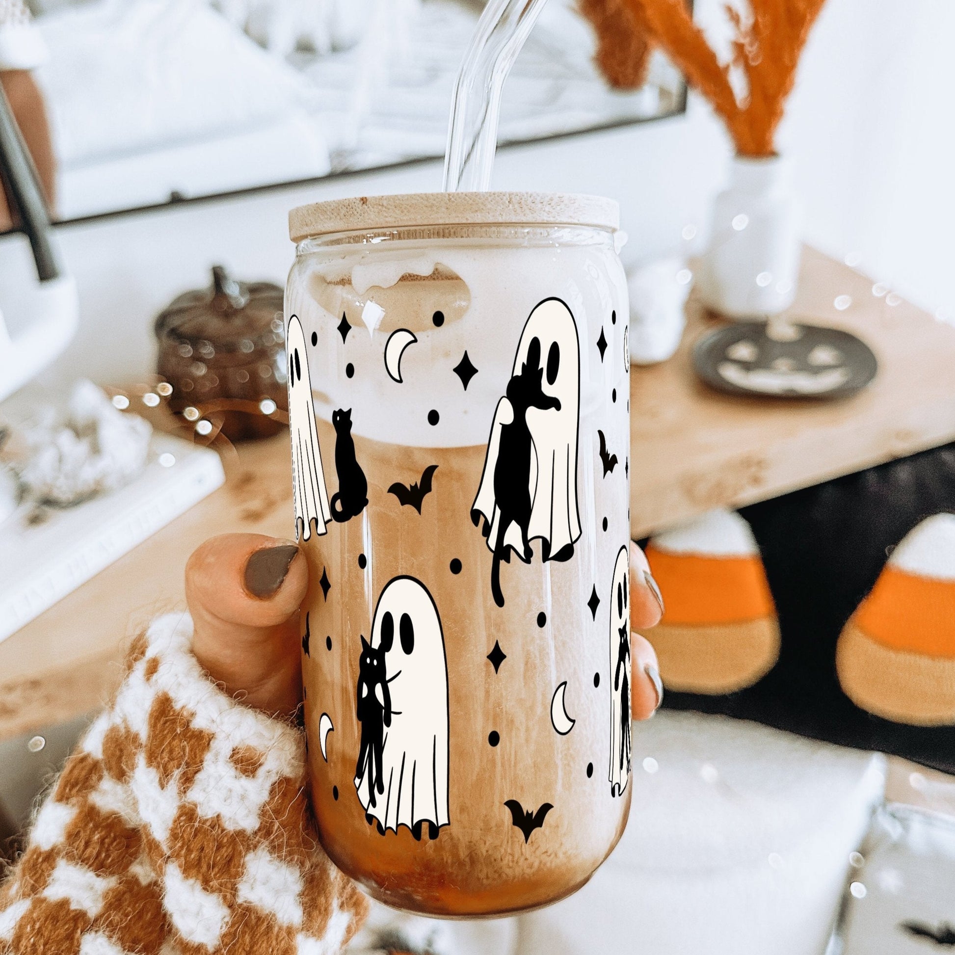 Ghosts Holding Cats Cup With Lid and Straw - Sip Sip Hooray