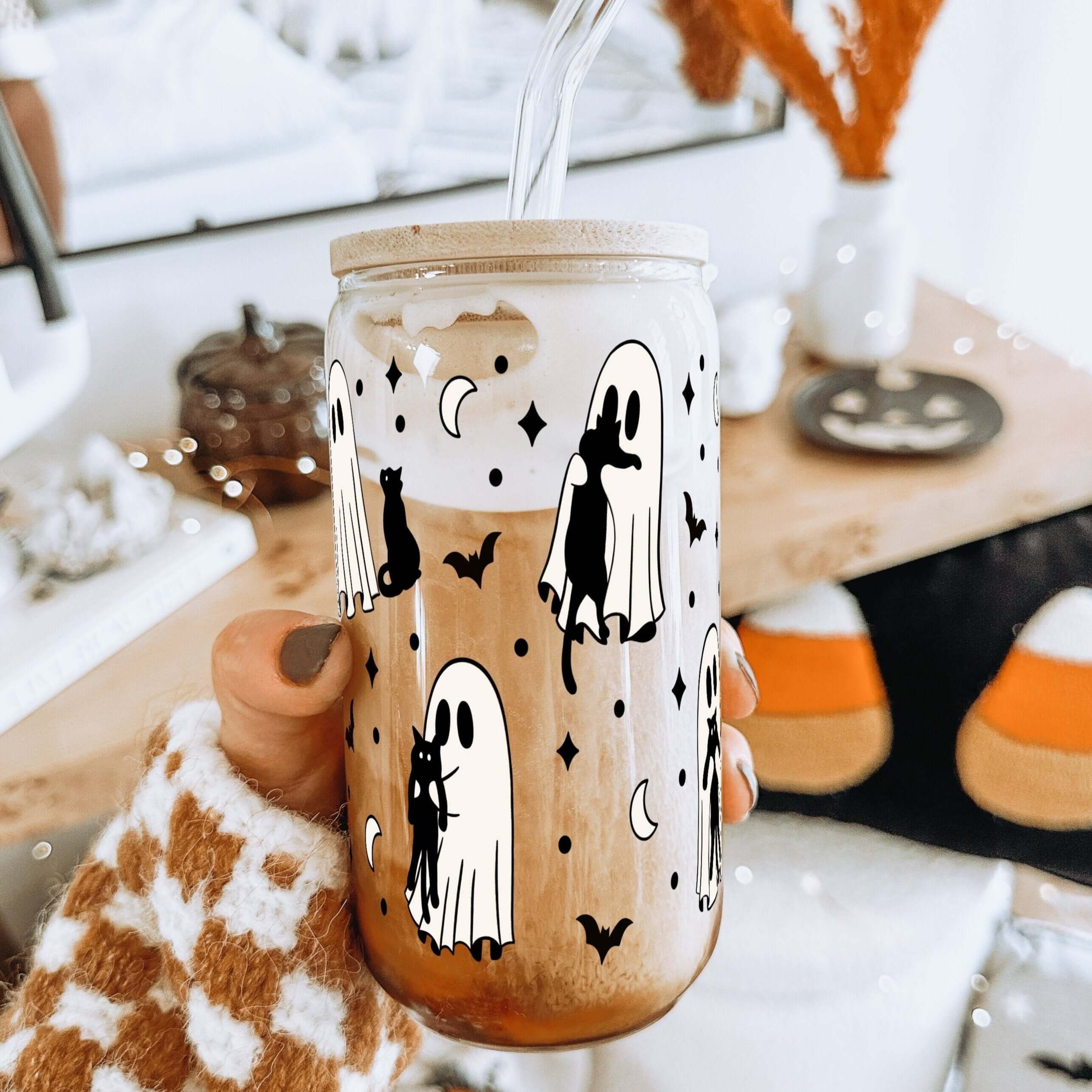 Ghosts Holding Cats Cup With Lid and Straw