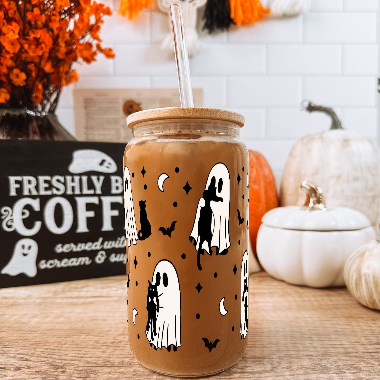 Ghosts Holding Cats Cup With Lid and Straw - Sip Sip Hooray