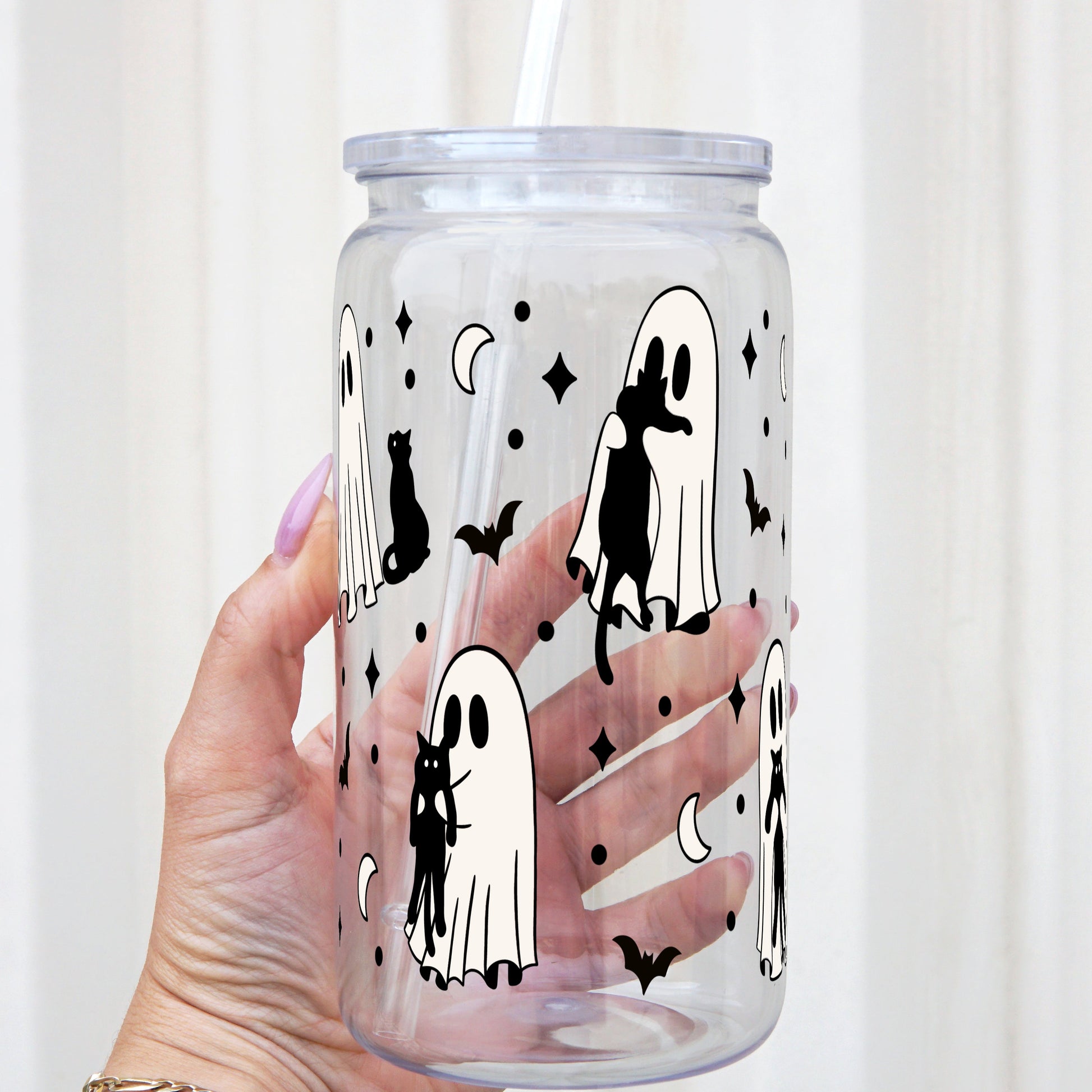 Ghosts Holding Cats Cup With Lid and Straw - Sip Sip Hooray
