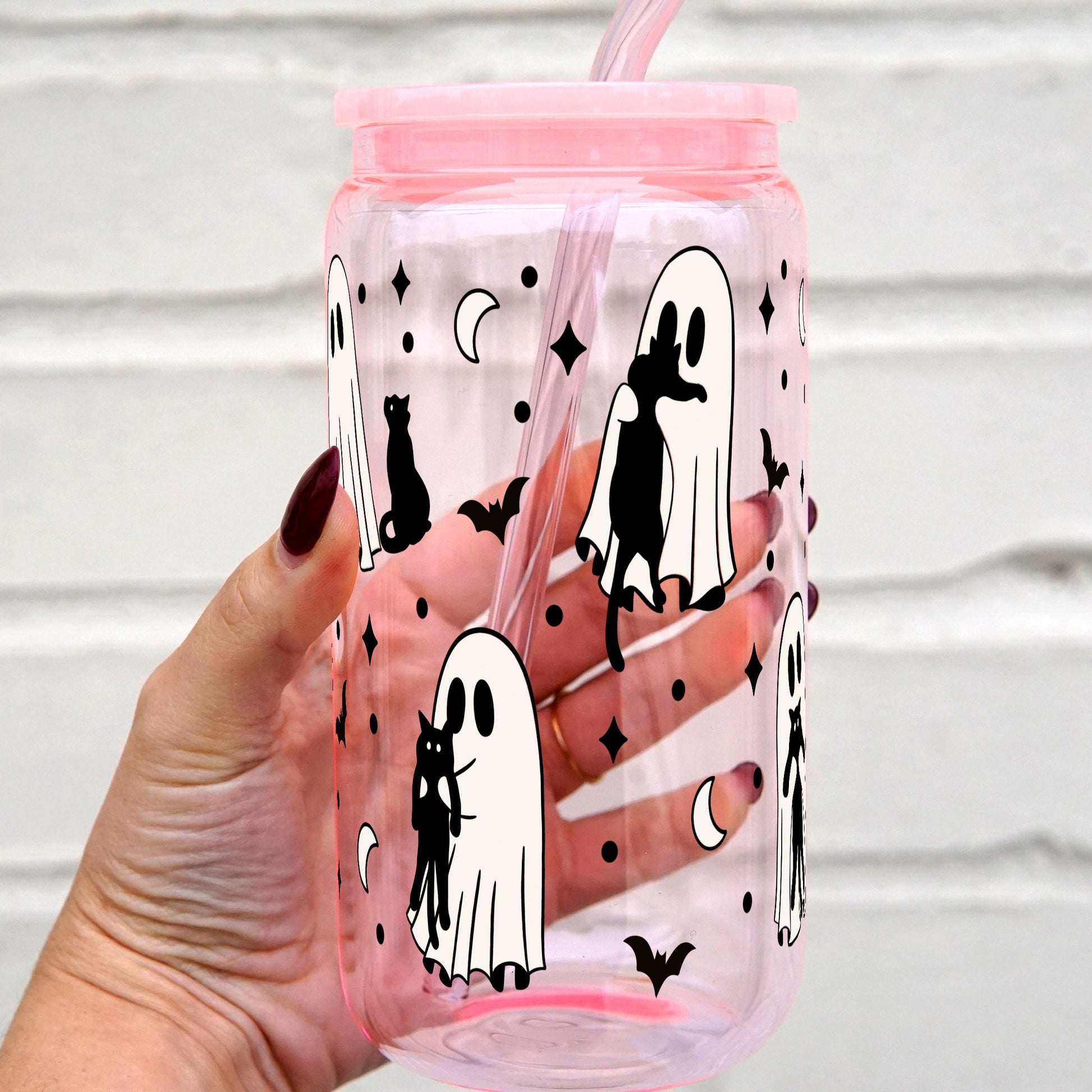 Ghosts Holding Cats Cup With Lid and Straw - Sip Sip Hooray