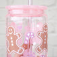 16oz Pink Gingerbread, Peppermint, and Snowflake Christmas Glass Can Cup with Pink Lid and Pink Straw