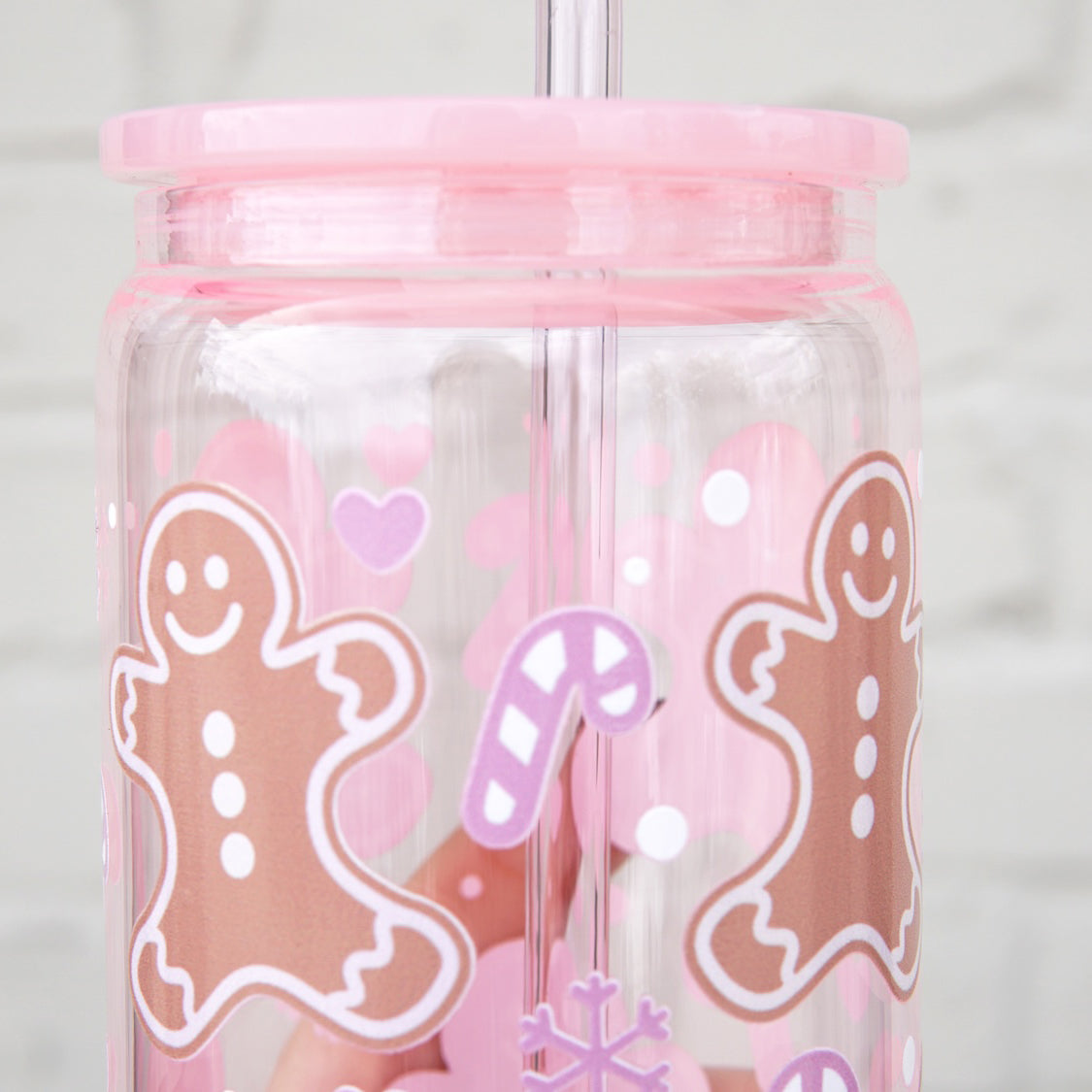 16oz Pink Gingerbread, Peppermint, and Snowflake Christmas Glass Can Cup with Pink Lid and Pink Straw