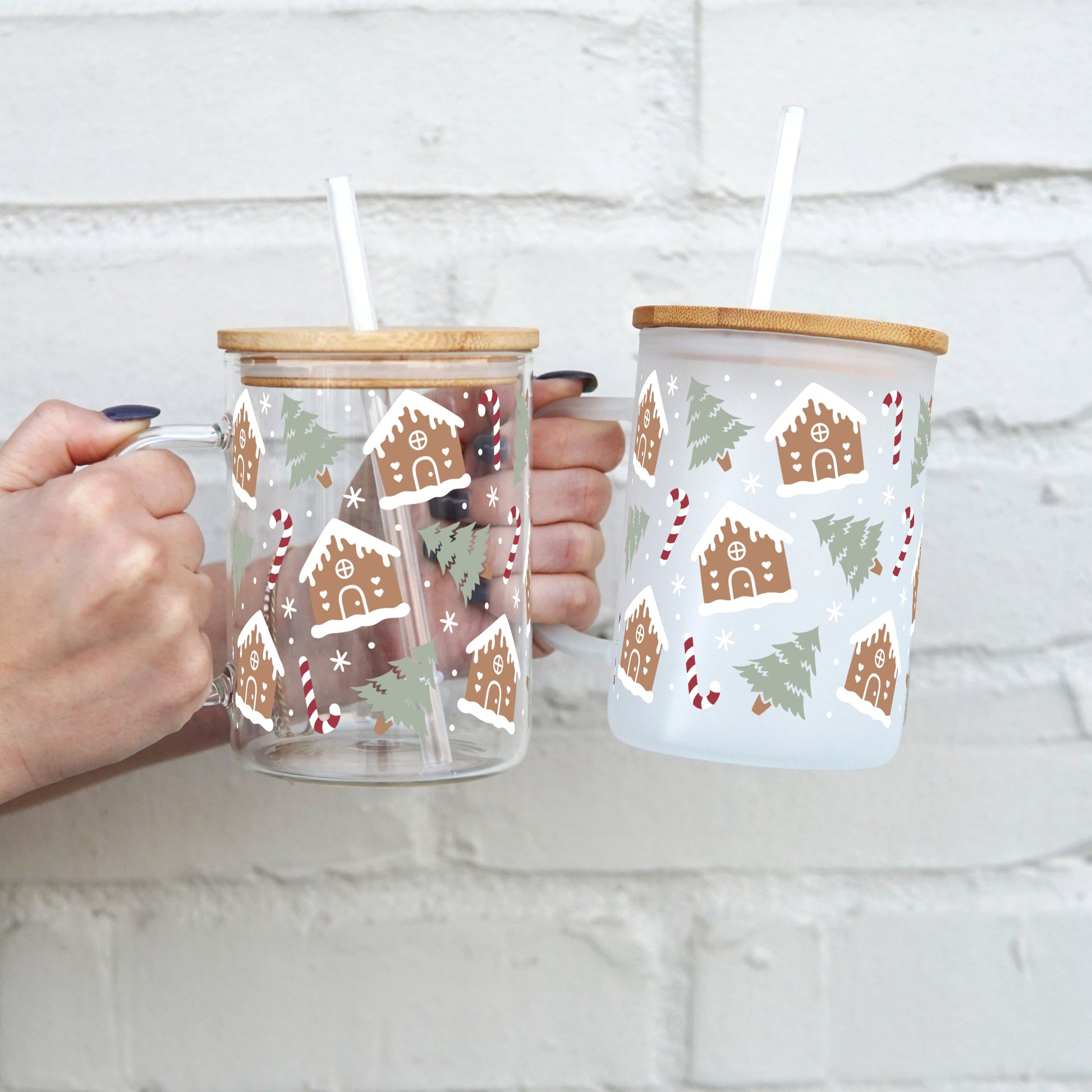 Gingerbread Winter House 17oz Glass Mug With Lid and Straw - Sip Sip Hooray